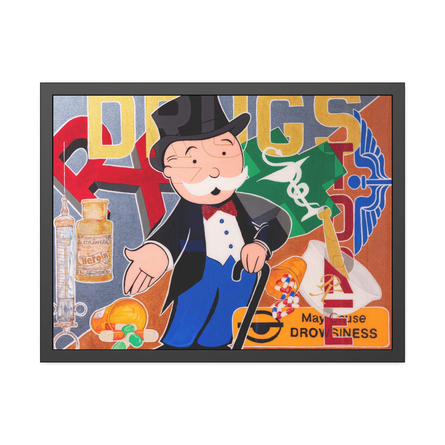 A framed poster depicts the Monopoly man surrounded by drug-related imagery and the word "DRUGS."