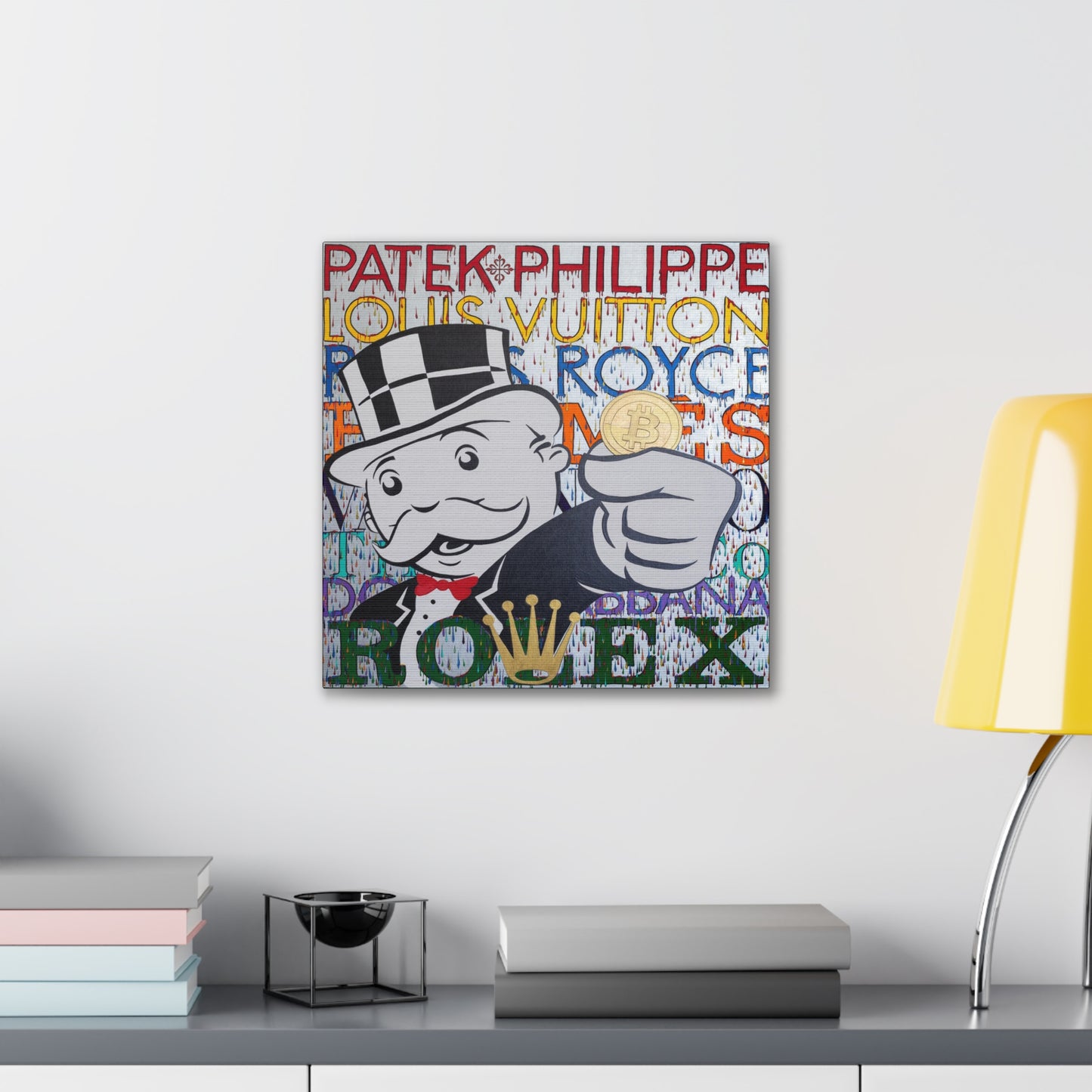 Bitcoin canvas gallery wrap featuring a Monopoly man holding a Bitcoin.