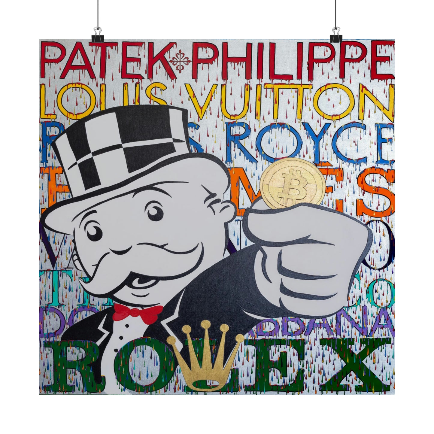 A poster features a cartoon man in a top hat holding a gold Bitcoin, surrounded by luxury brand names.