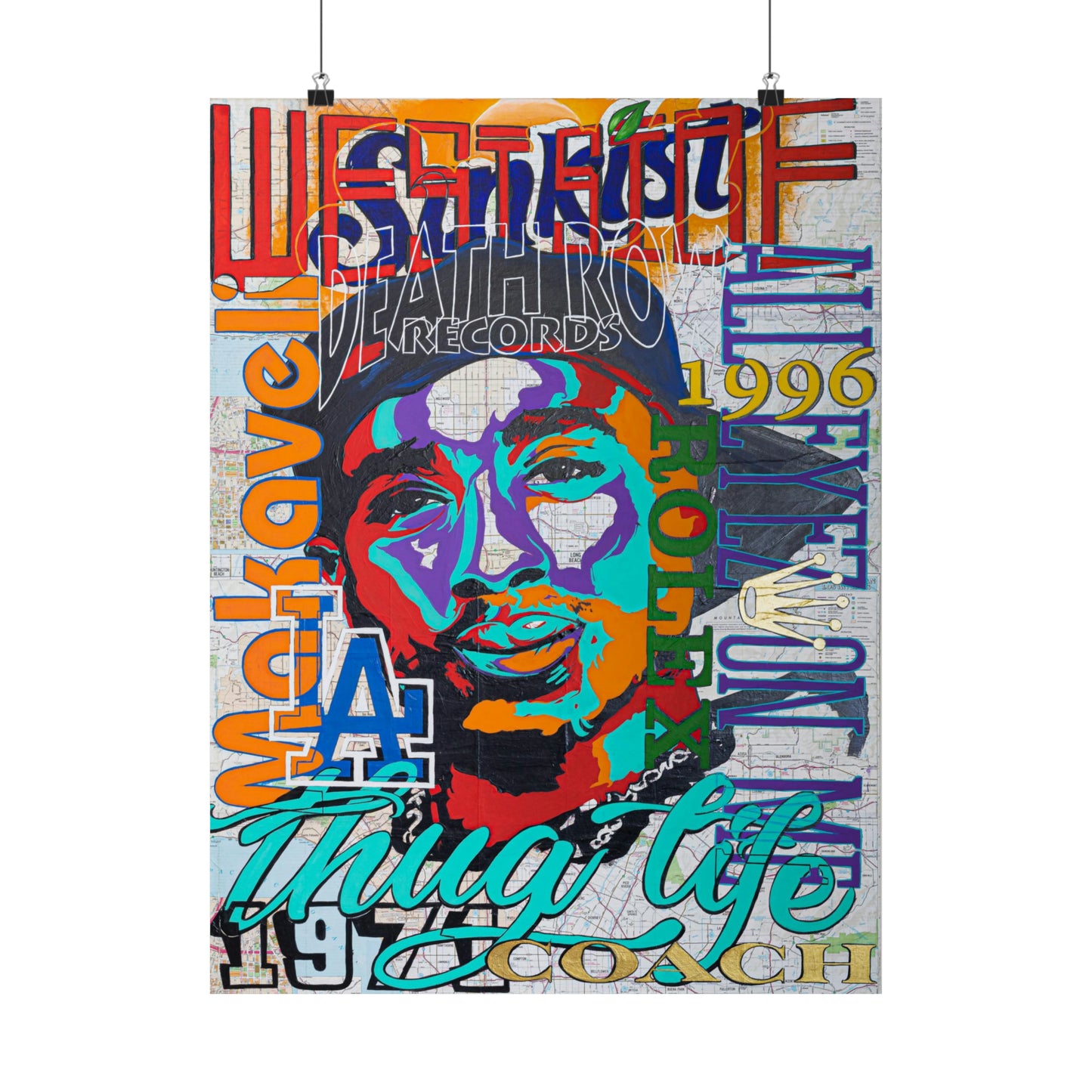 A colorful poster features a stylized portrait of Tupac Shakur with text overlays.