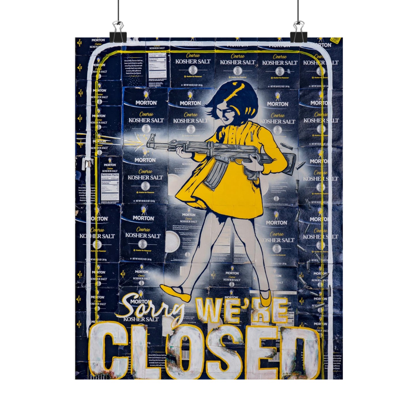 A poster features a girl in a yellow dress holding a rifle, with "Sorry, We're Closed" text.