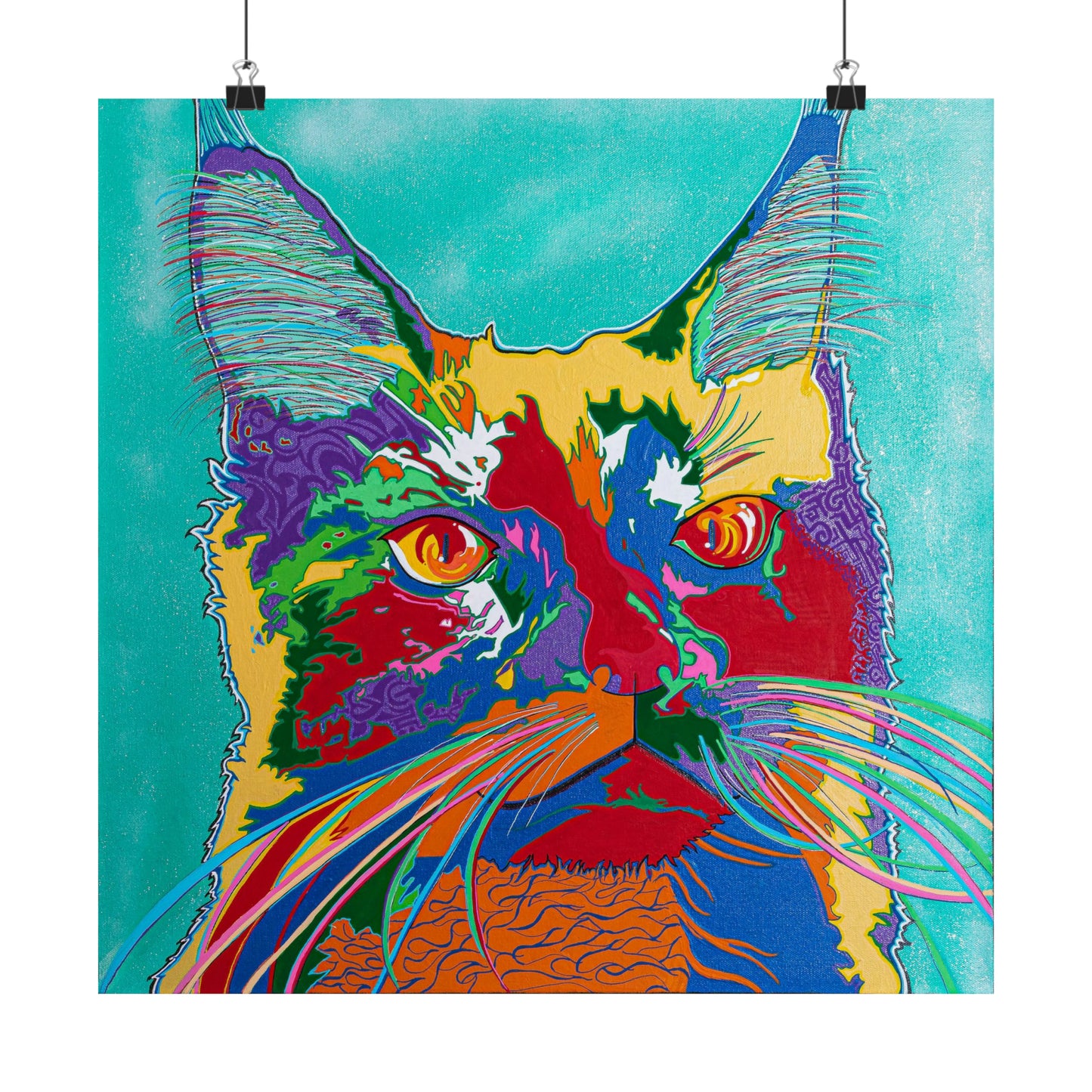 A vibrant, pop art style painting of a cat's face with bright, contrasting colors.