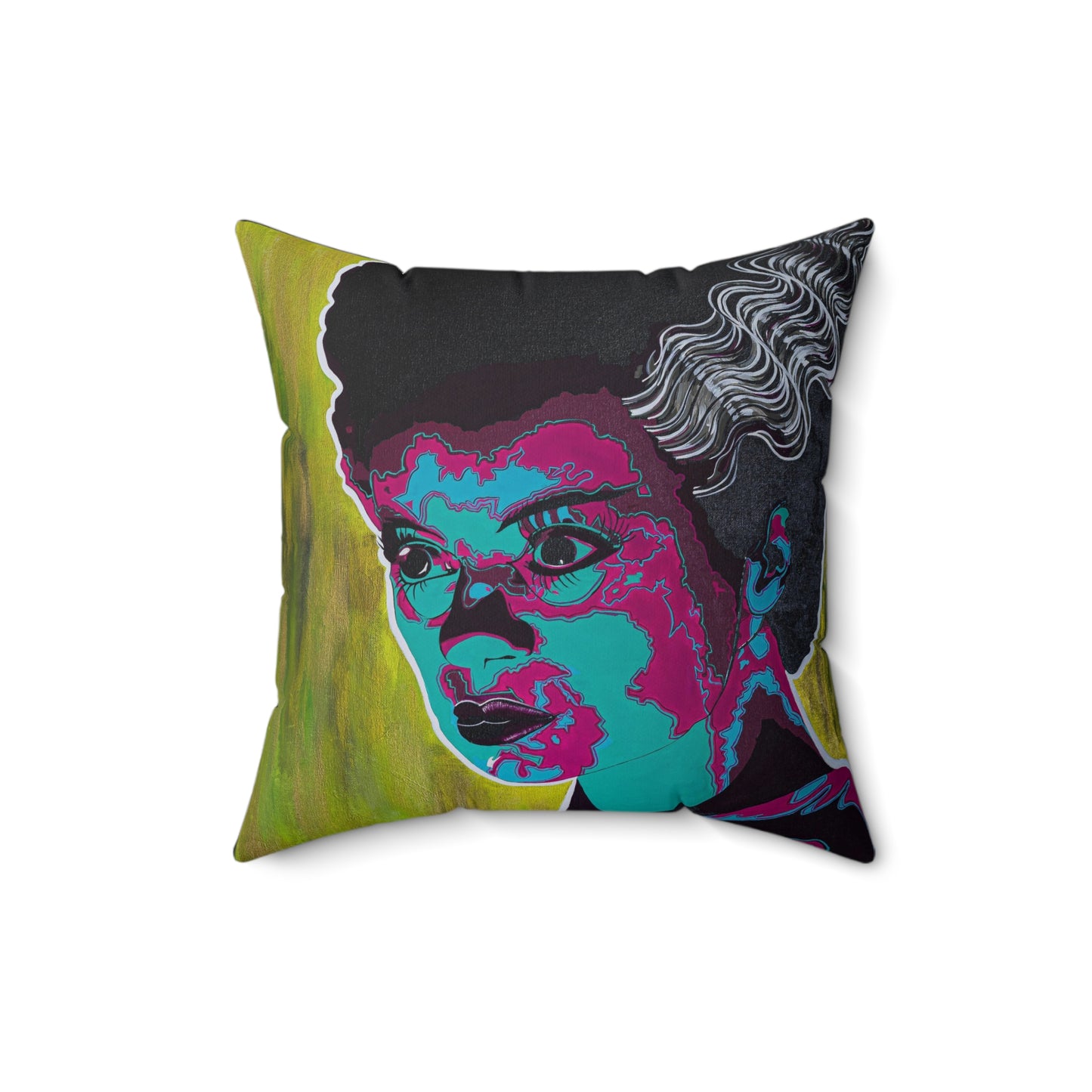 A square pillow featuring a pop art style portrait of a woman with dark hair.
