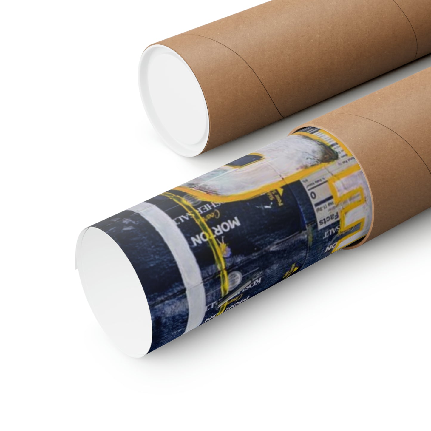 Two rolled matte posters, one with a dark blue and yellow abstract design, are shown on a white background.