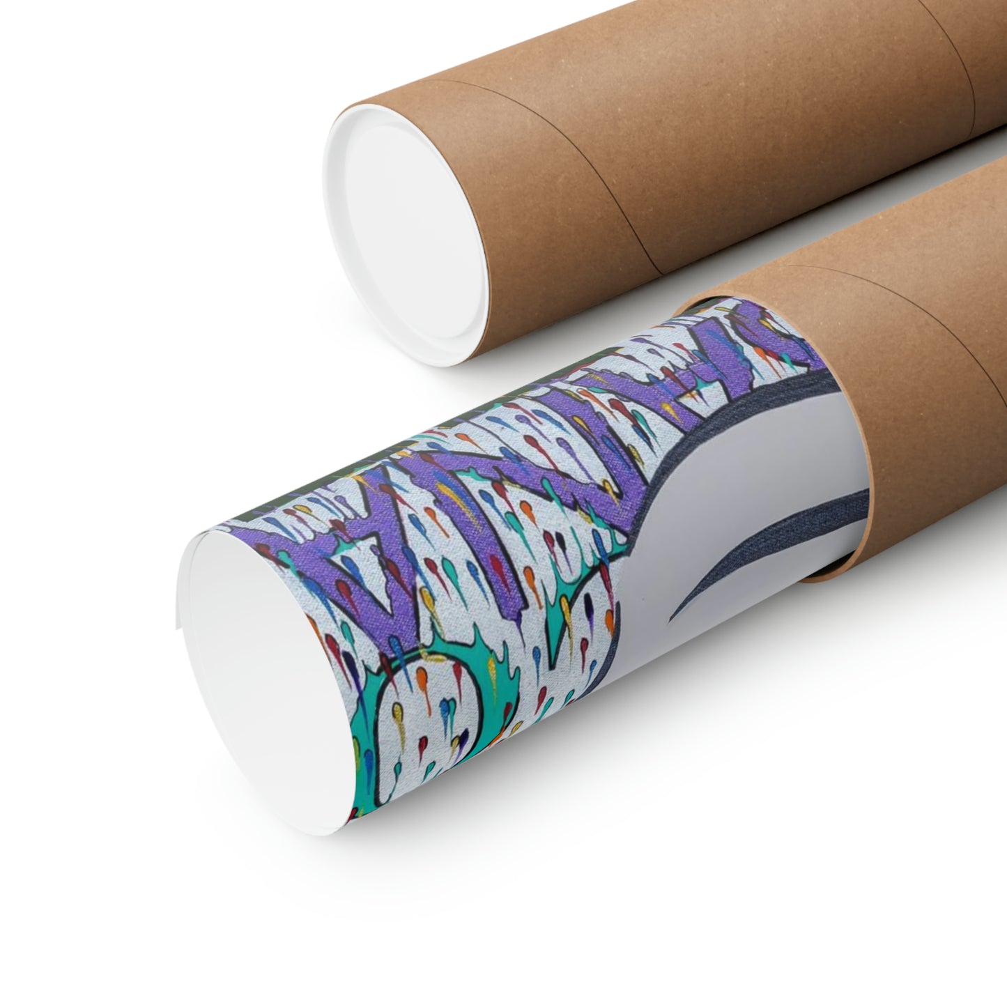 Two brown cardboard tubes, one open to reveal a rolled-up colorful poster.