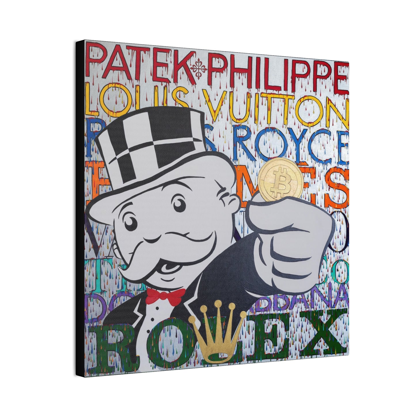 Canvas art featuring Mr. Monopoly holding a Bitcoin, with luxury brand names in the background.
