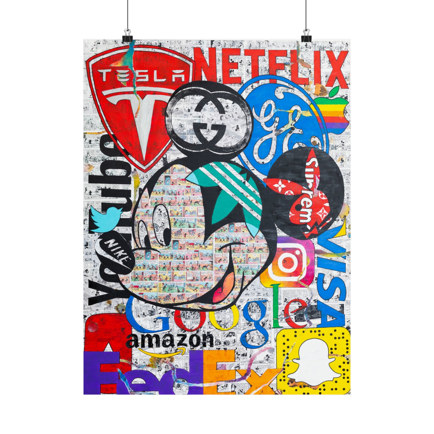 A poster features a collage of brand logos, including Tesla, Netflix, Gucci, and Google, over a Mickey Mouse comic background.