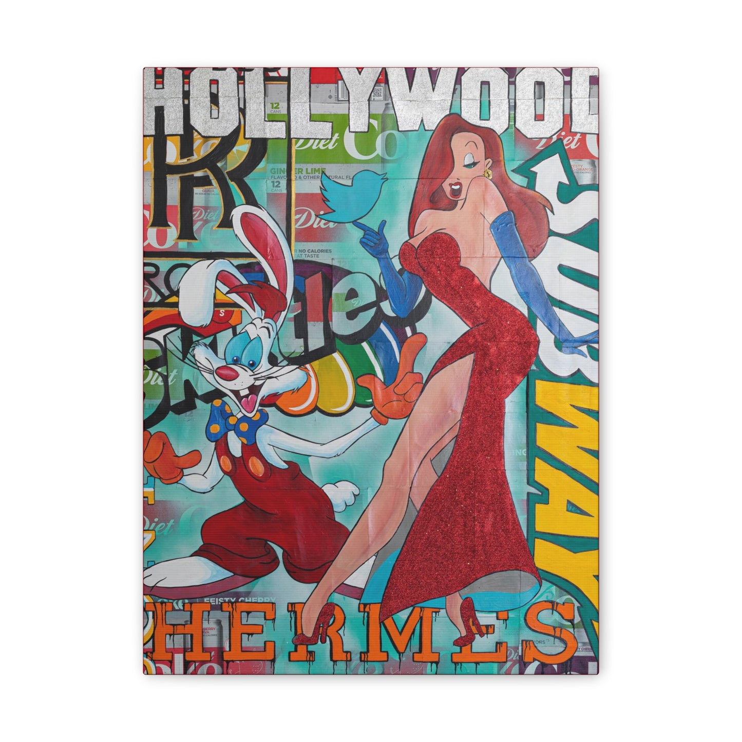 Roger and Jessica Rabbit canvas gallery wrap with a vibrant, graffiti-style background.