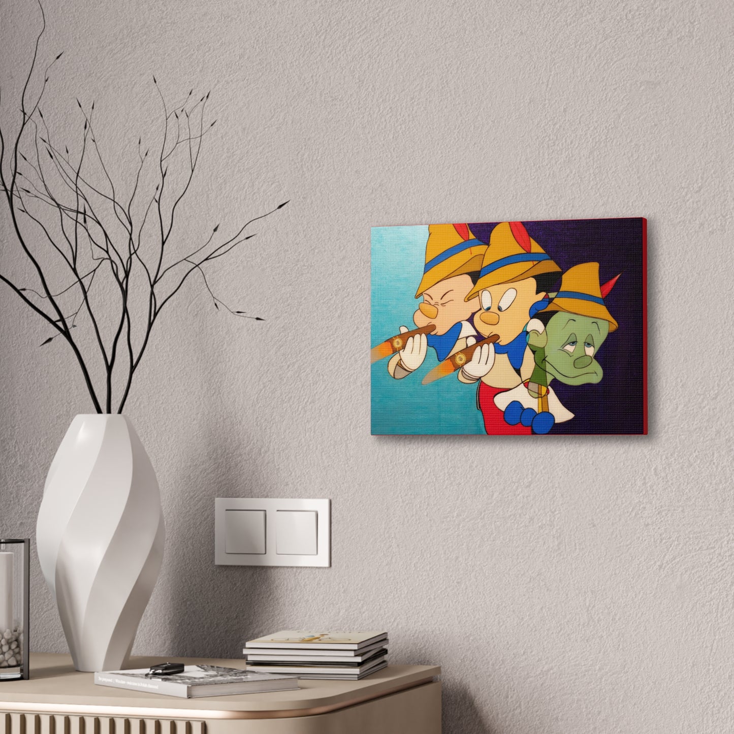 Pinocchio canvas gallery wrap featuring three characters, two smoking cigars, on a light gray wall.
