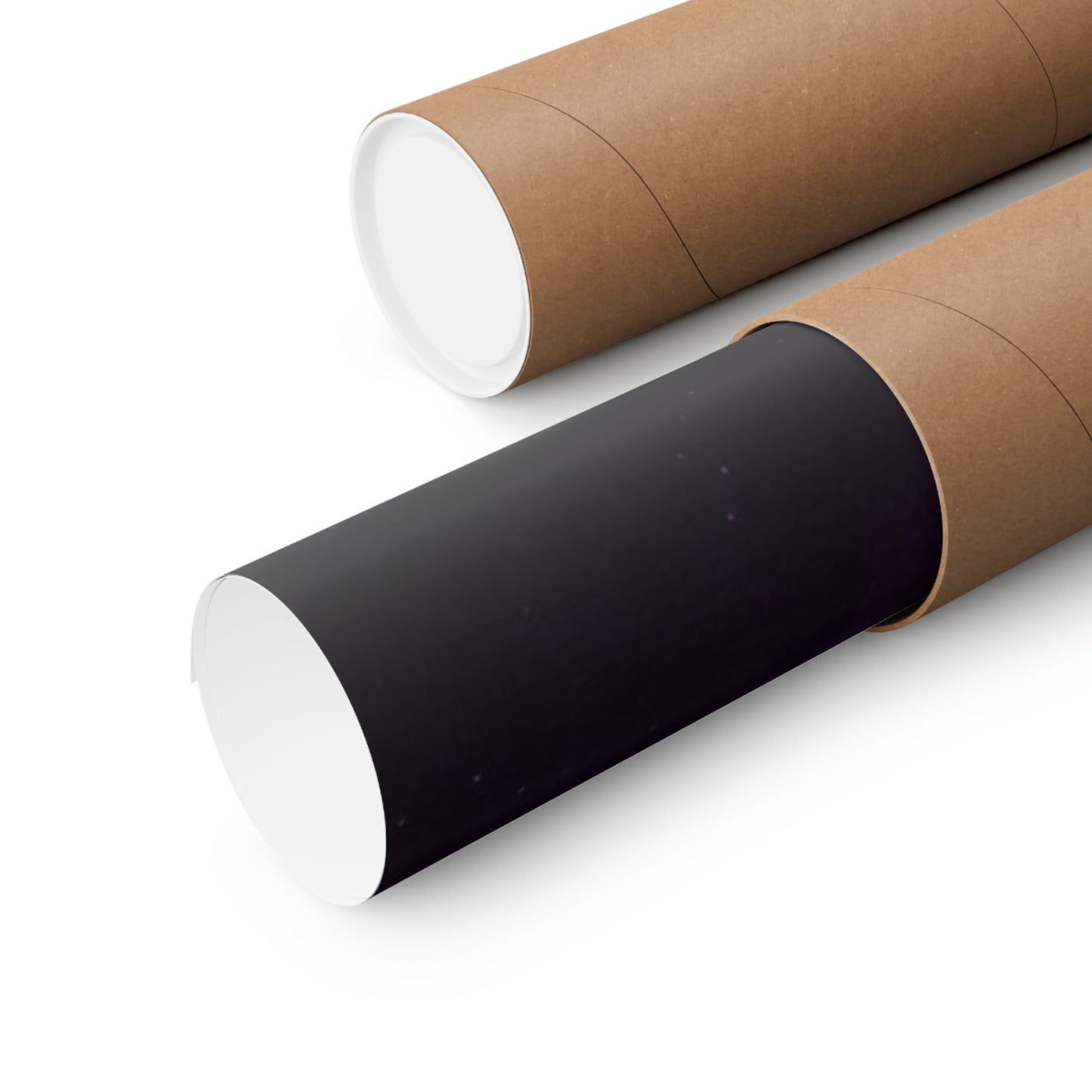 Two rolled matte posters, one partially unrolled, are shown in their brown cardboard tubes.
