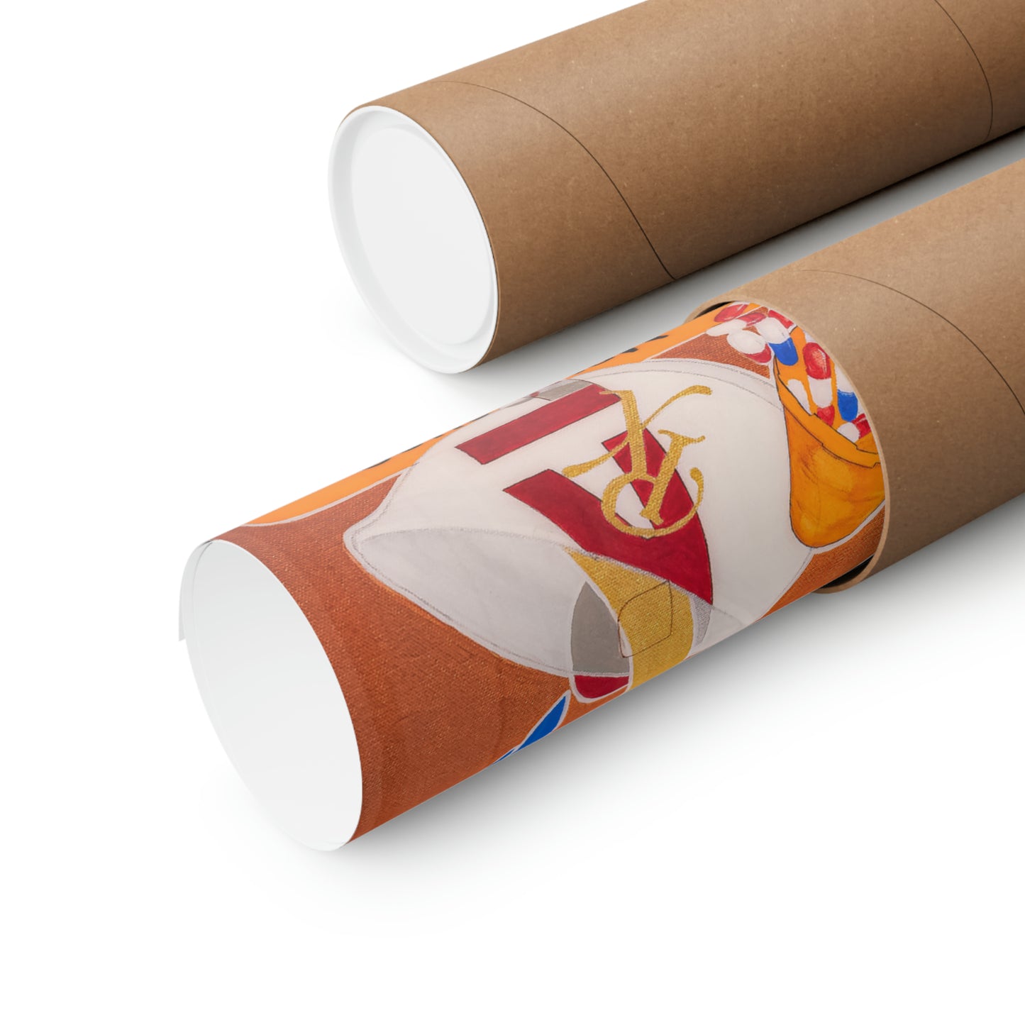 Two rolled matte posters, one partially unrolled to reveal a colorful abstract design.