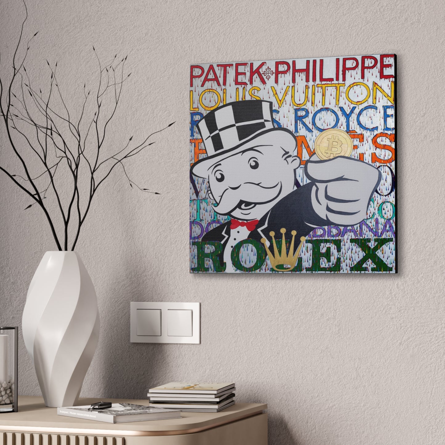 A canvas gallery wrap featuring a Monopoly man holding a Bitcoin.
