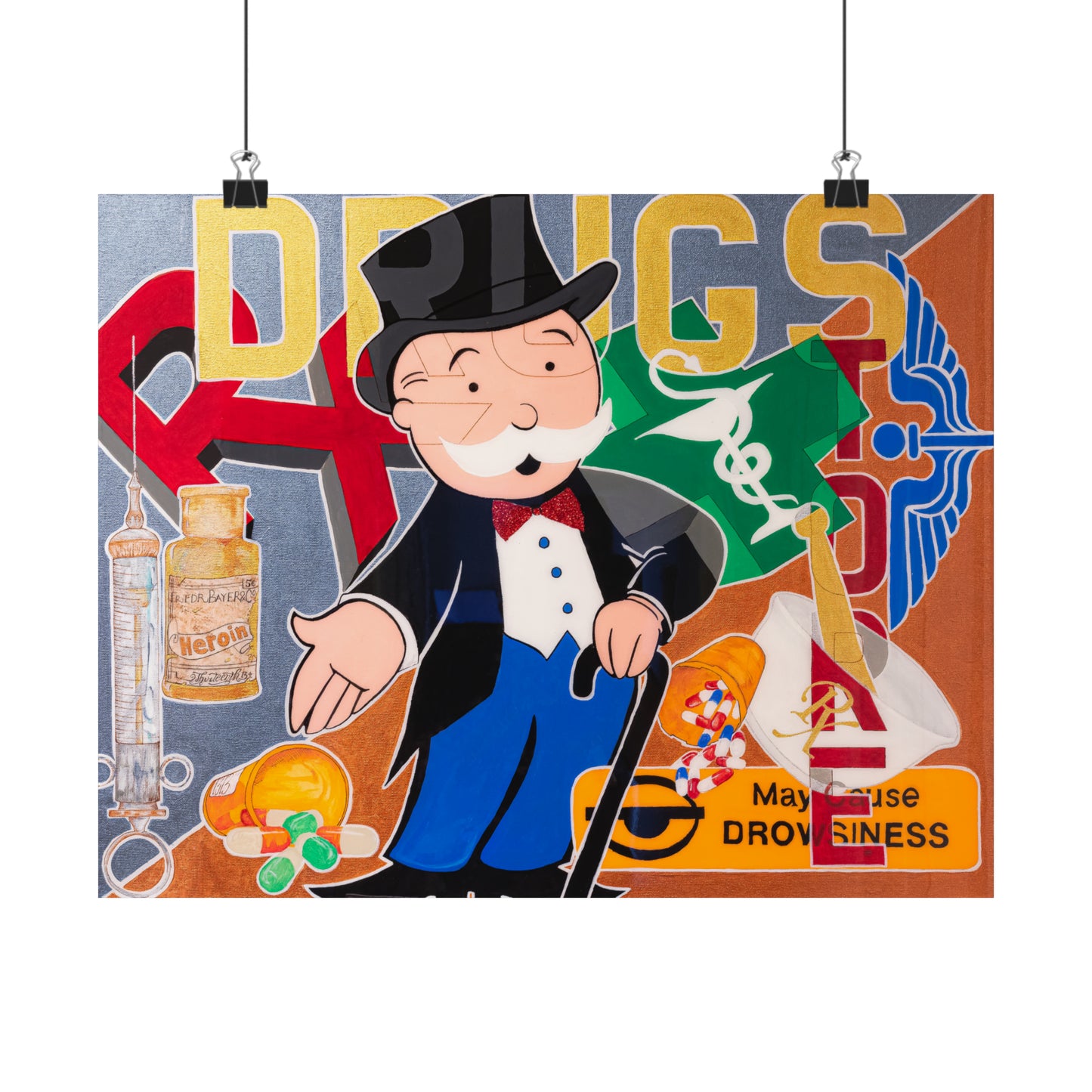 A colorful poster depicts a Monopoly man surrounded by drug-related imagery and the word "DRUGS."