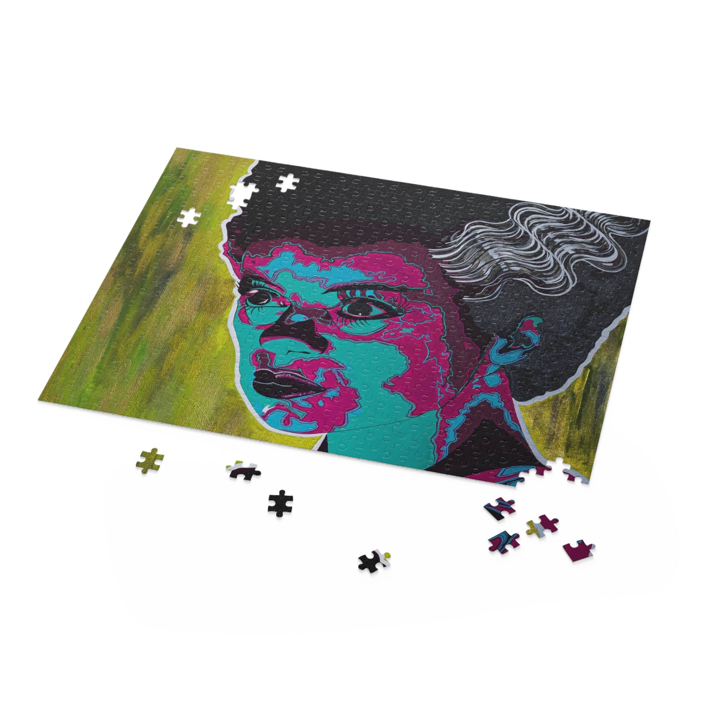 A partially assembled puzzle featuring a stylized portrait of a woman with dark hair and vibrant colors.