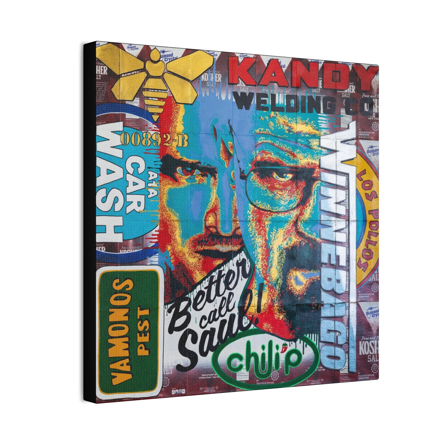 A colorful canvas print features a collage of Breaking Bad references, including characters and logos.