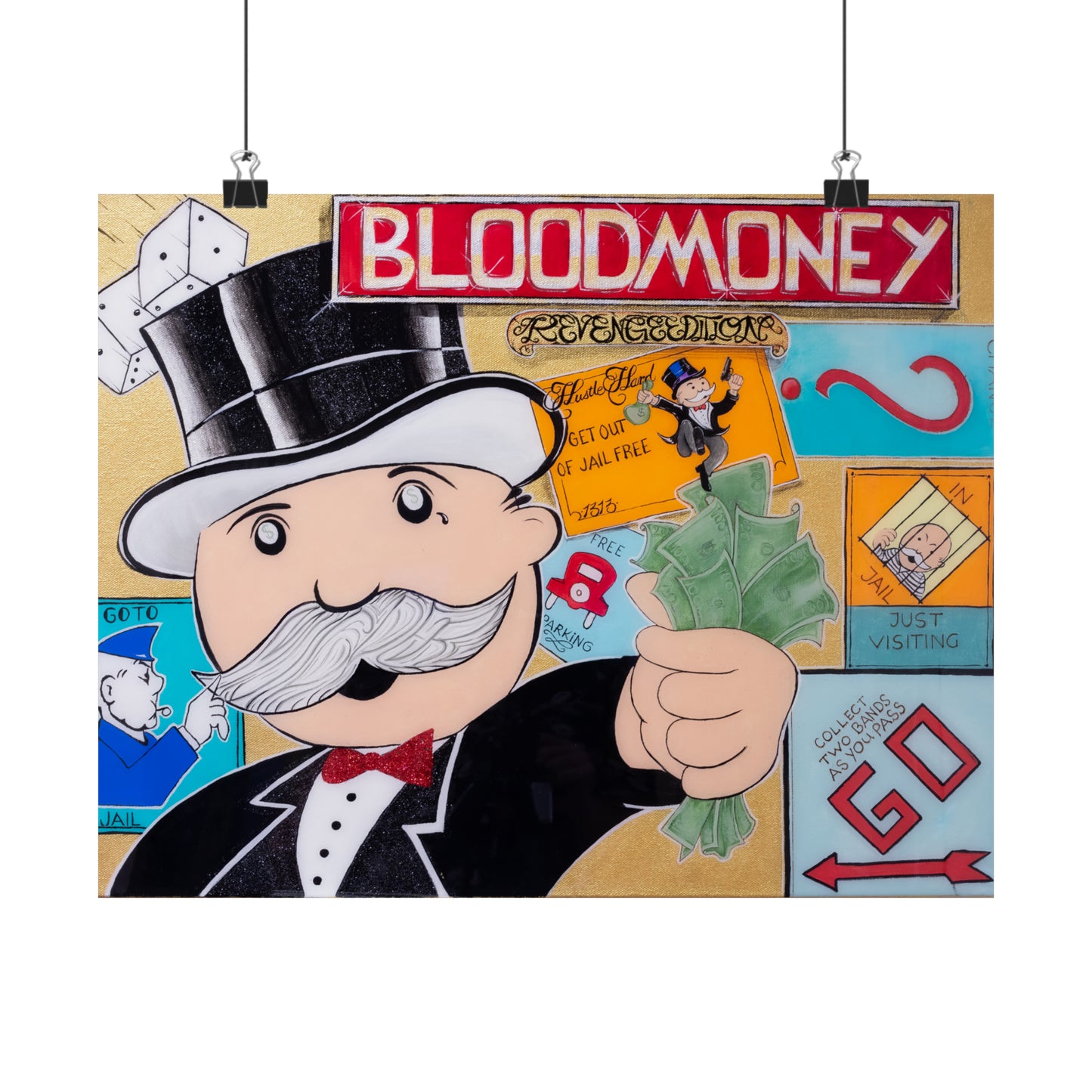A poster features a Monopoly man holding money, with "BLOODMONEY" at the top.