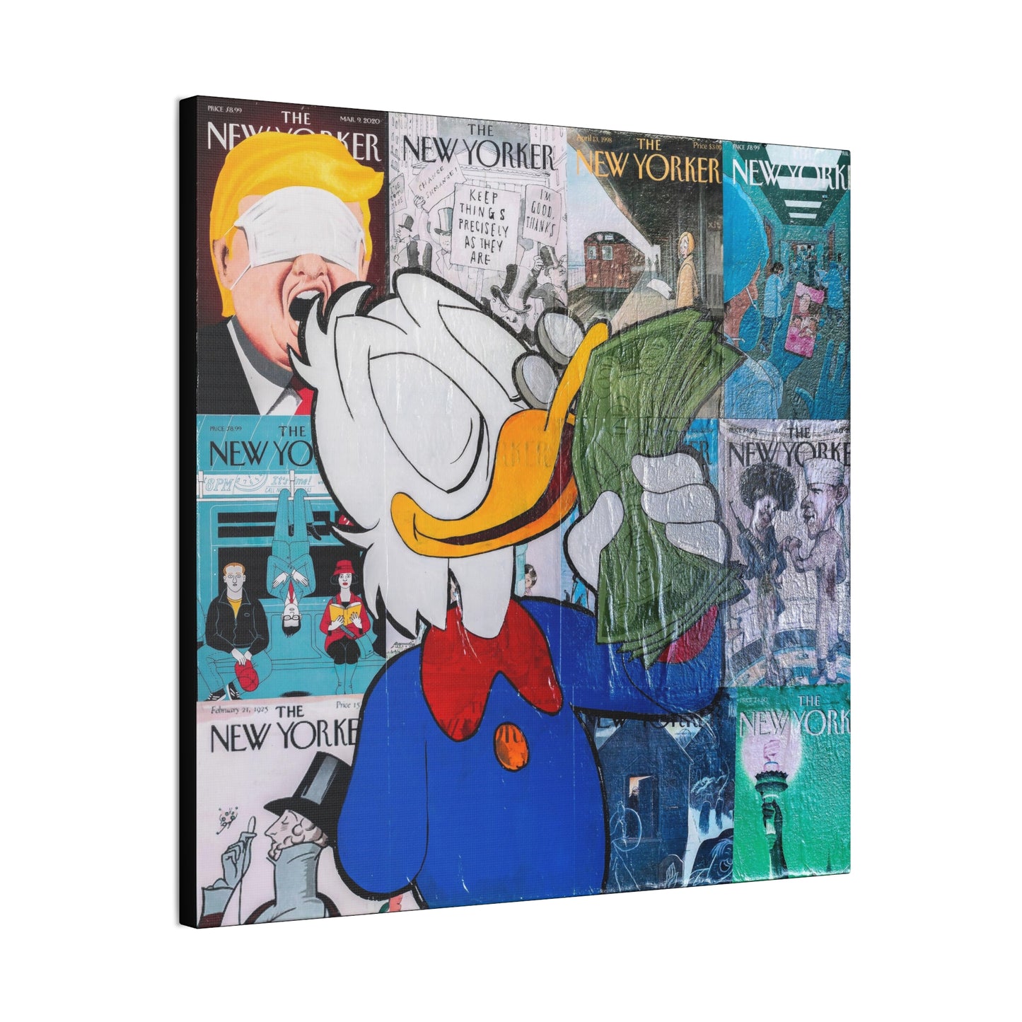 A canvas print features Donald Duck holding money over a collage of New Yorker covers.