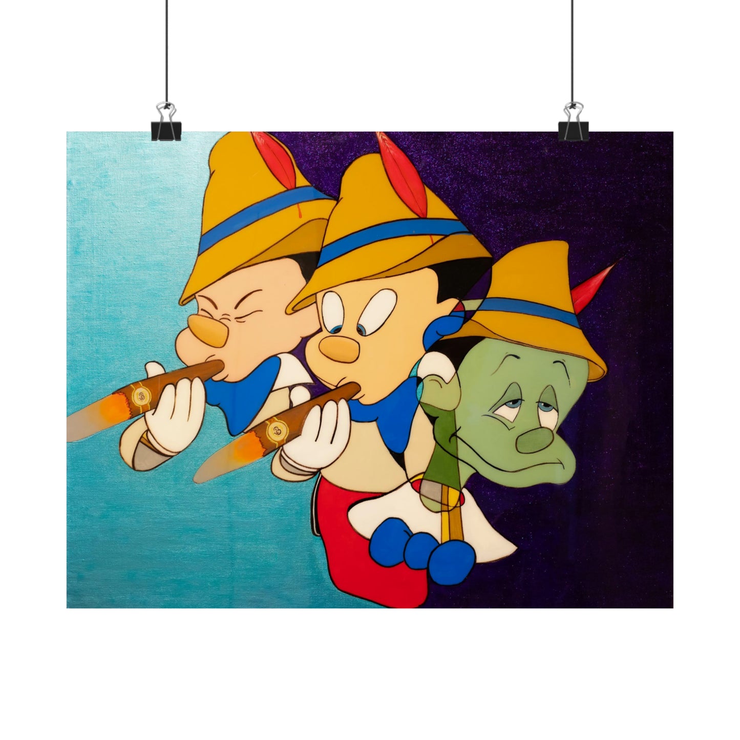 A matte poster depicts three Pinocchio-like figures, two smoking cigars, against a blue and purple background.