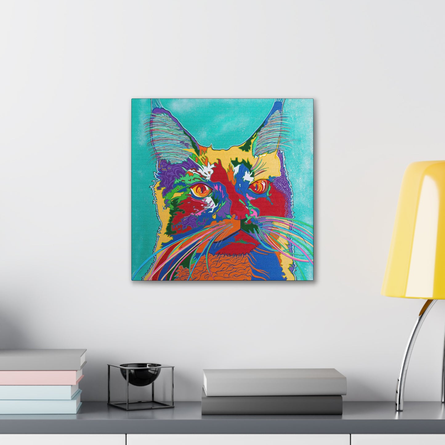 A vibrant, colorful pop art style cat portrait on a canvas gallery wrap.