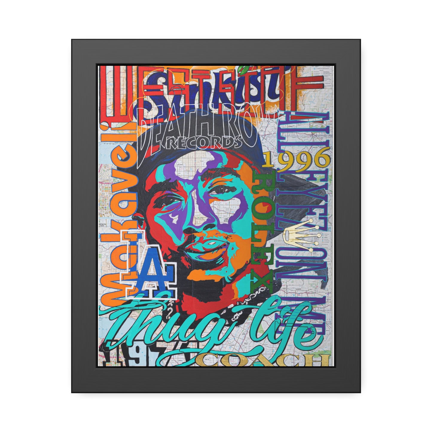 A framed poster of Tupac Shakur in a colorful, graffiti-style portrait.