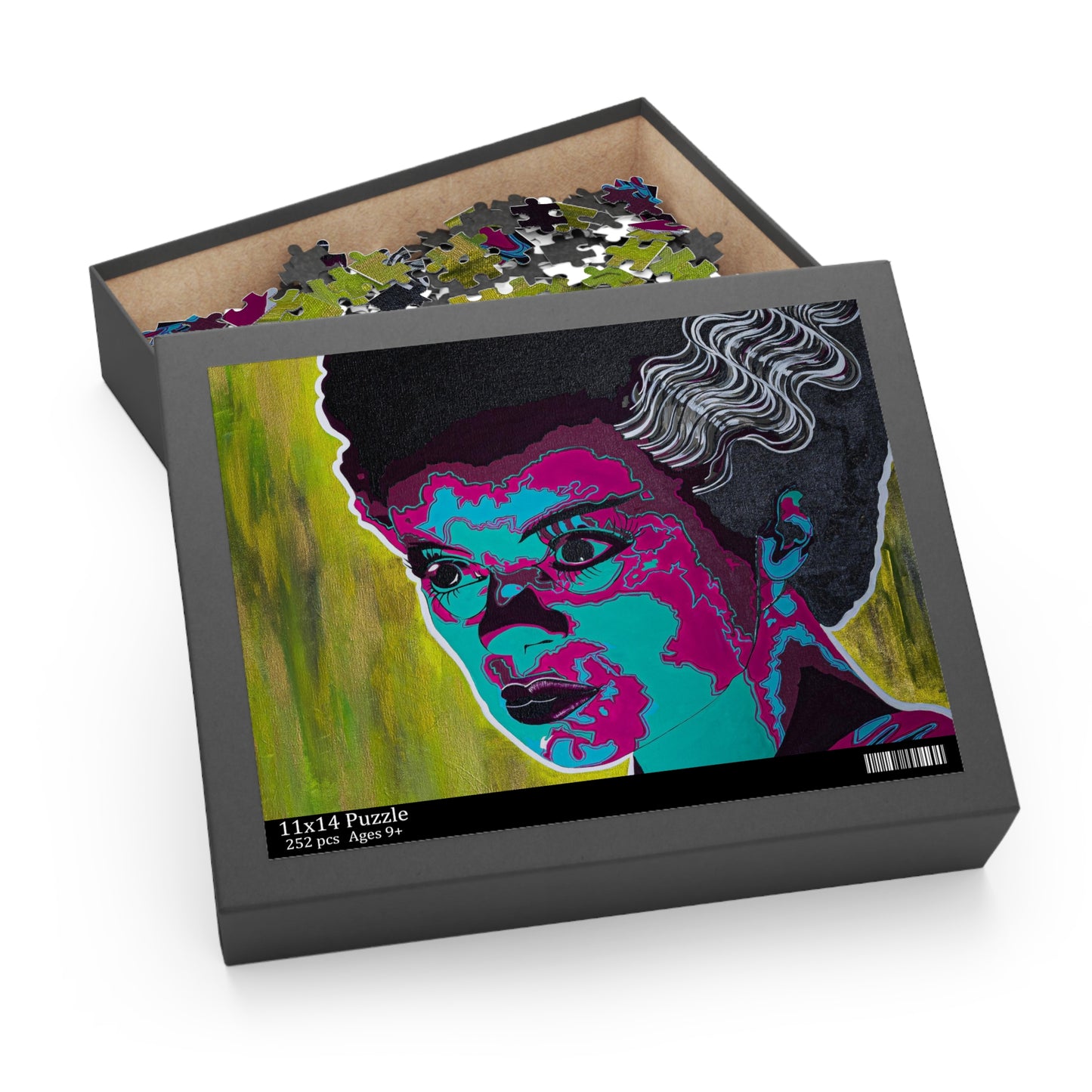 A puzzle box featuring a colorful portrait of Frankenstein's bride, with puzzle pieces inside.