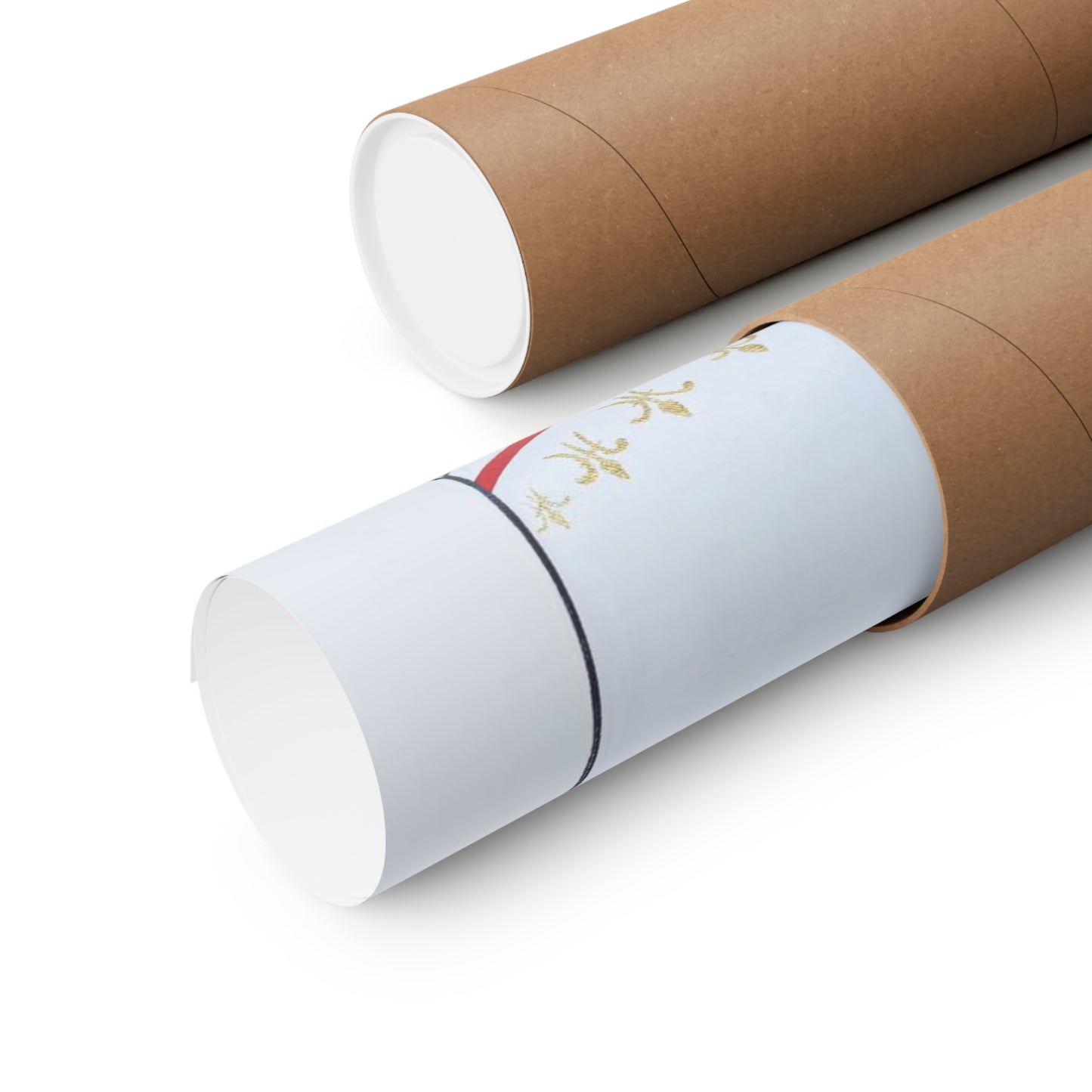 Two rolled matte posters, one partially unrolled, with gold text on a white background.