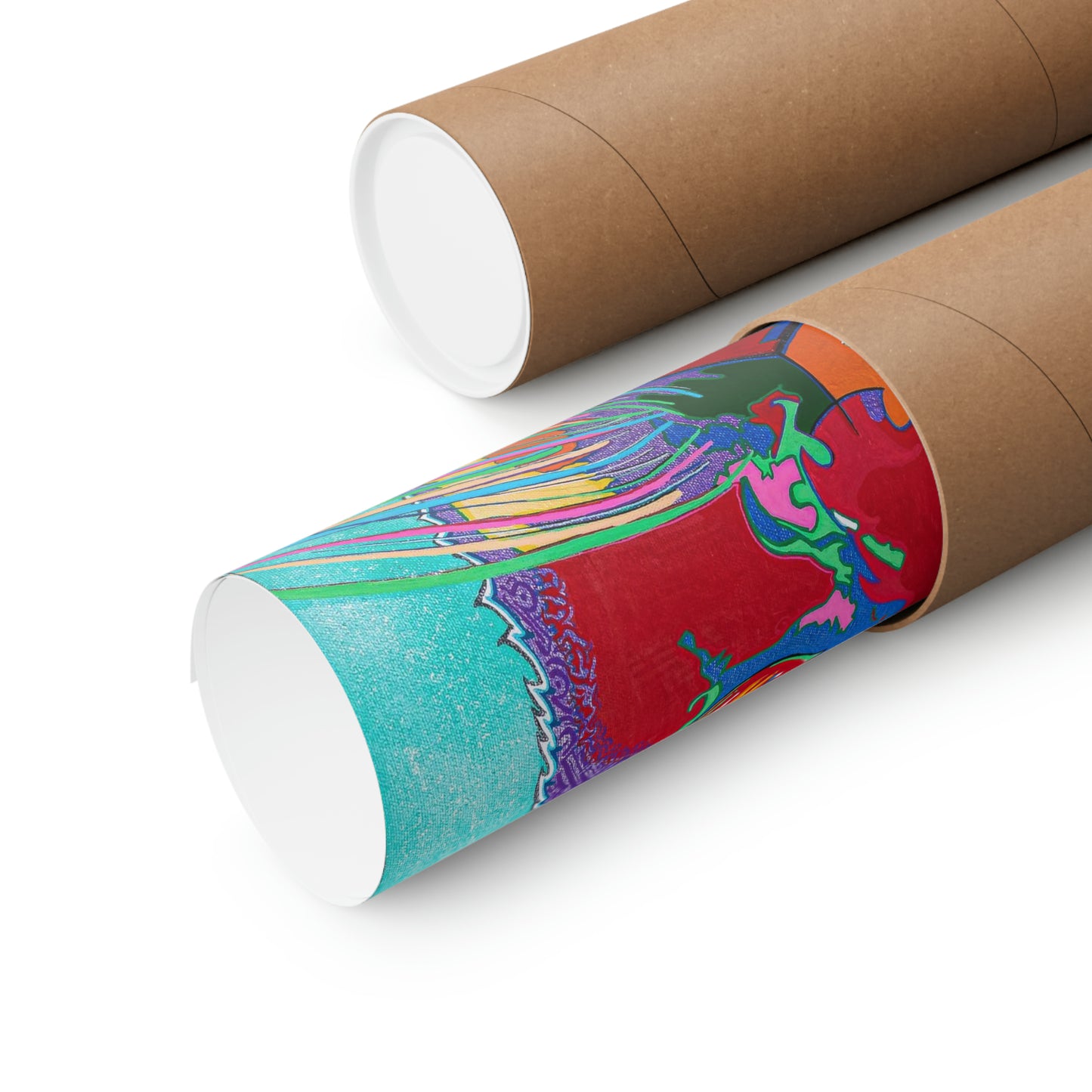 Two rolled matte posters, one partially unrolled, display colorful abstract art.