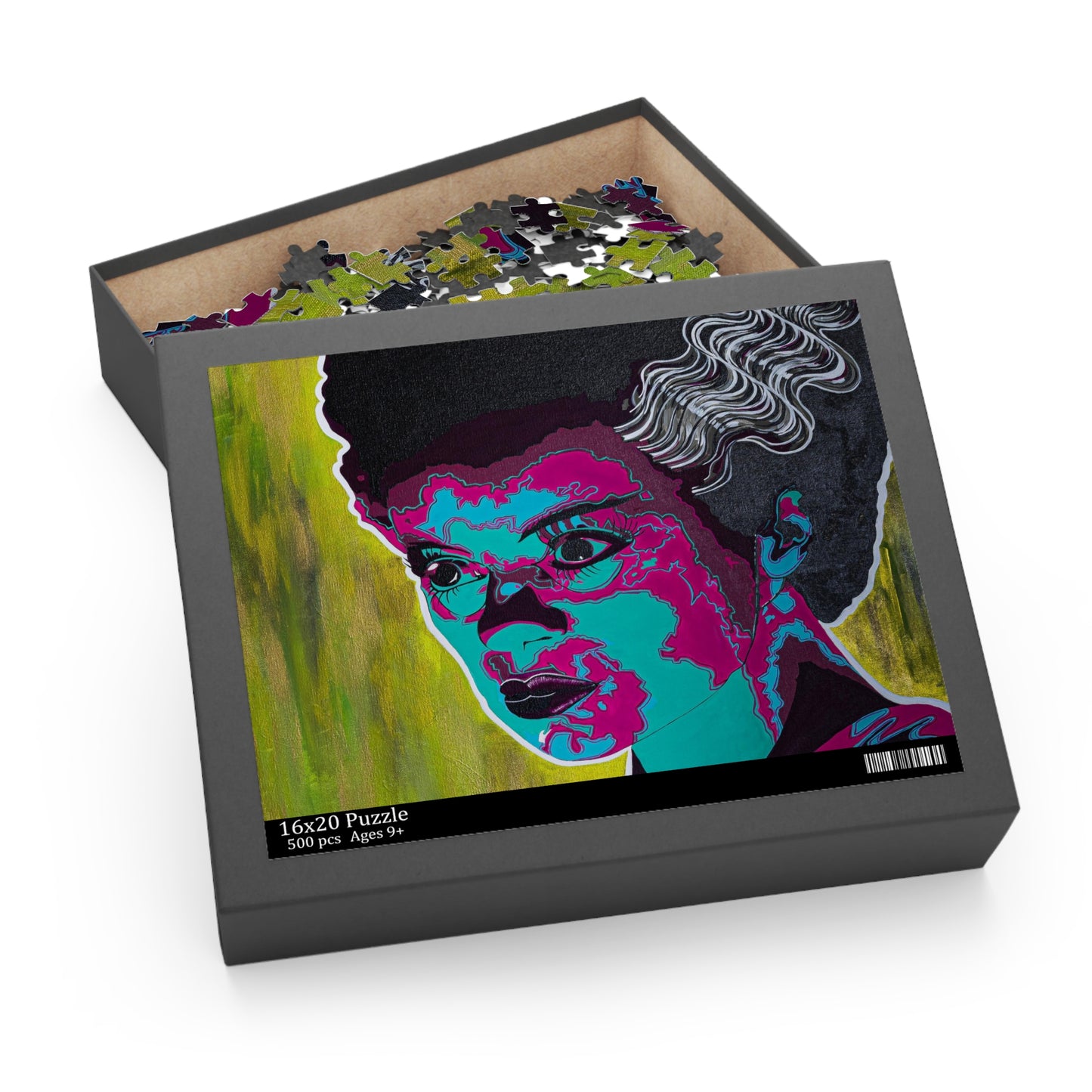 A puzzle box featuring a colorful pop art image of Frankenstein's bride, with pieces inside.
