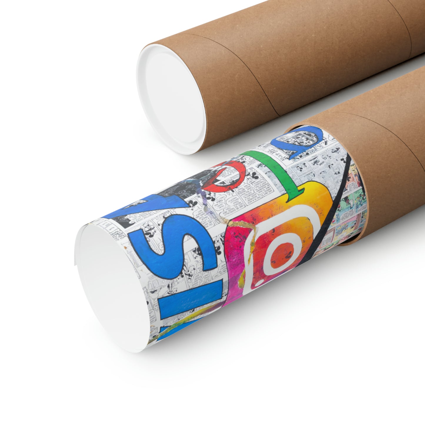 Two rolled matte posters, one with a colorful "Mickey Logo" design, on a white background.