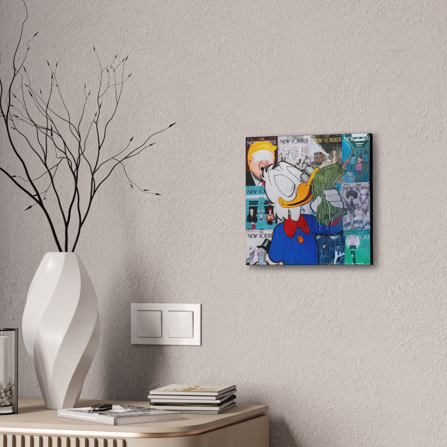 A canvas gallery wrap featuring Donald Duck over New Yorker magazine covers.