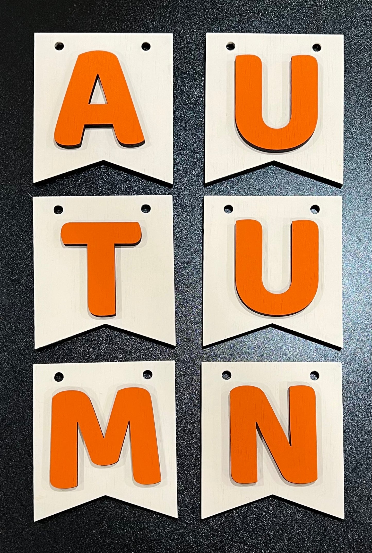 Unpainted wood banner kit spelling "AUTUMN" in orange letters on white flags.
