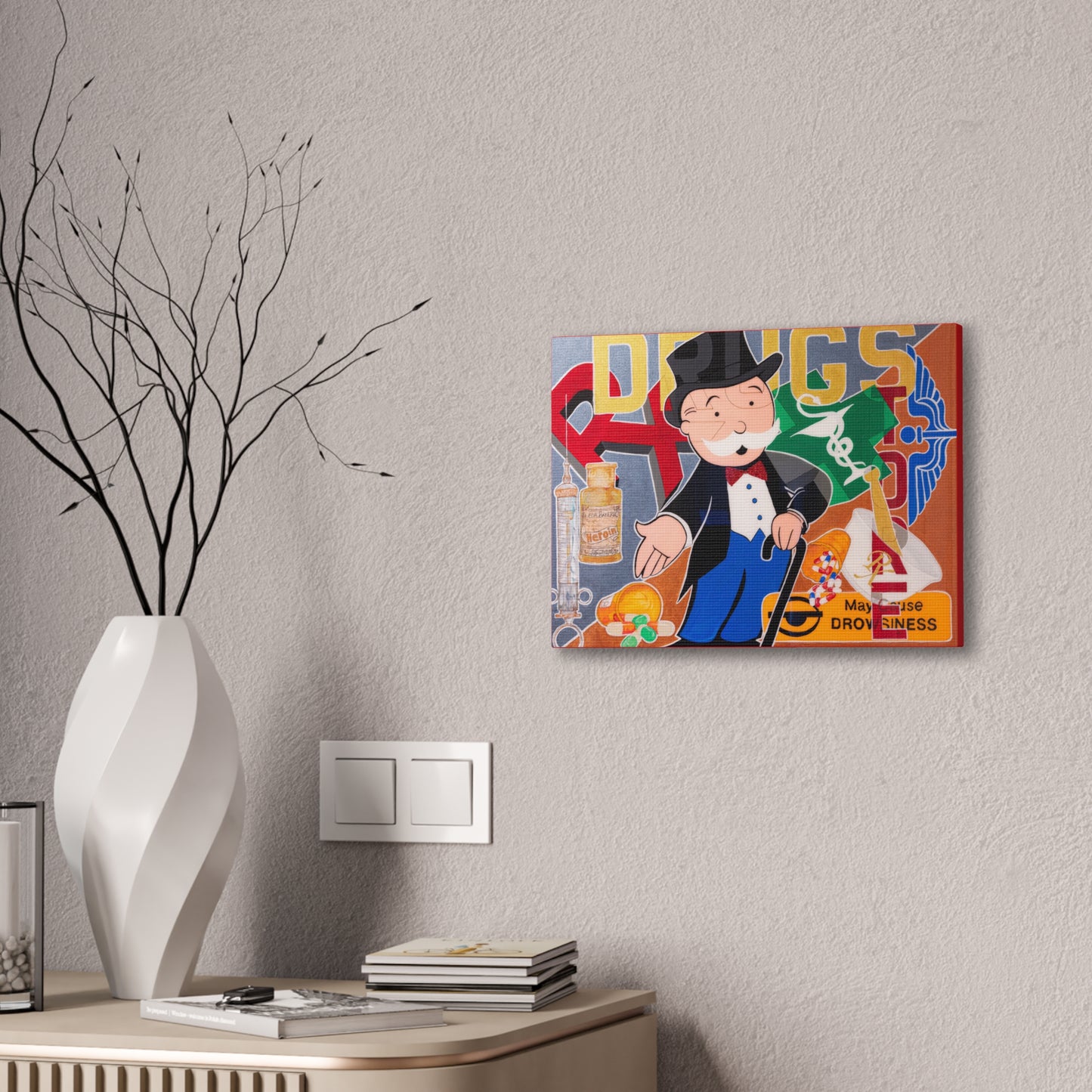Rx - Canvas Gallery Wraps featuring a Monopoly man and drug-related imagery.