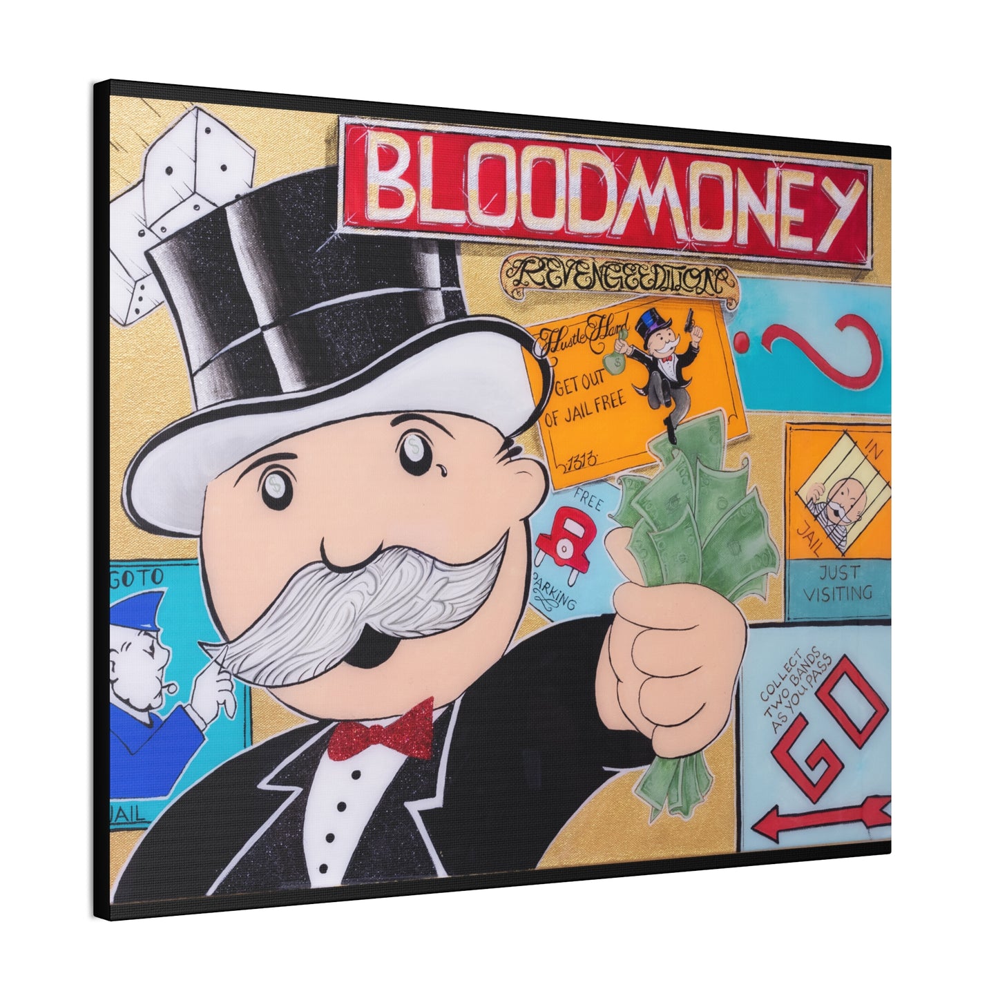 A canvas print featuring a Monopoly-inspired design with "BLOODMONEY" at the top.