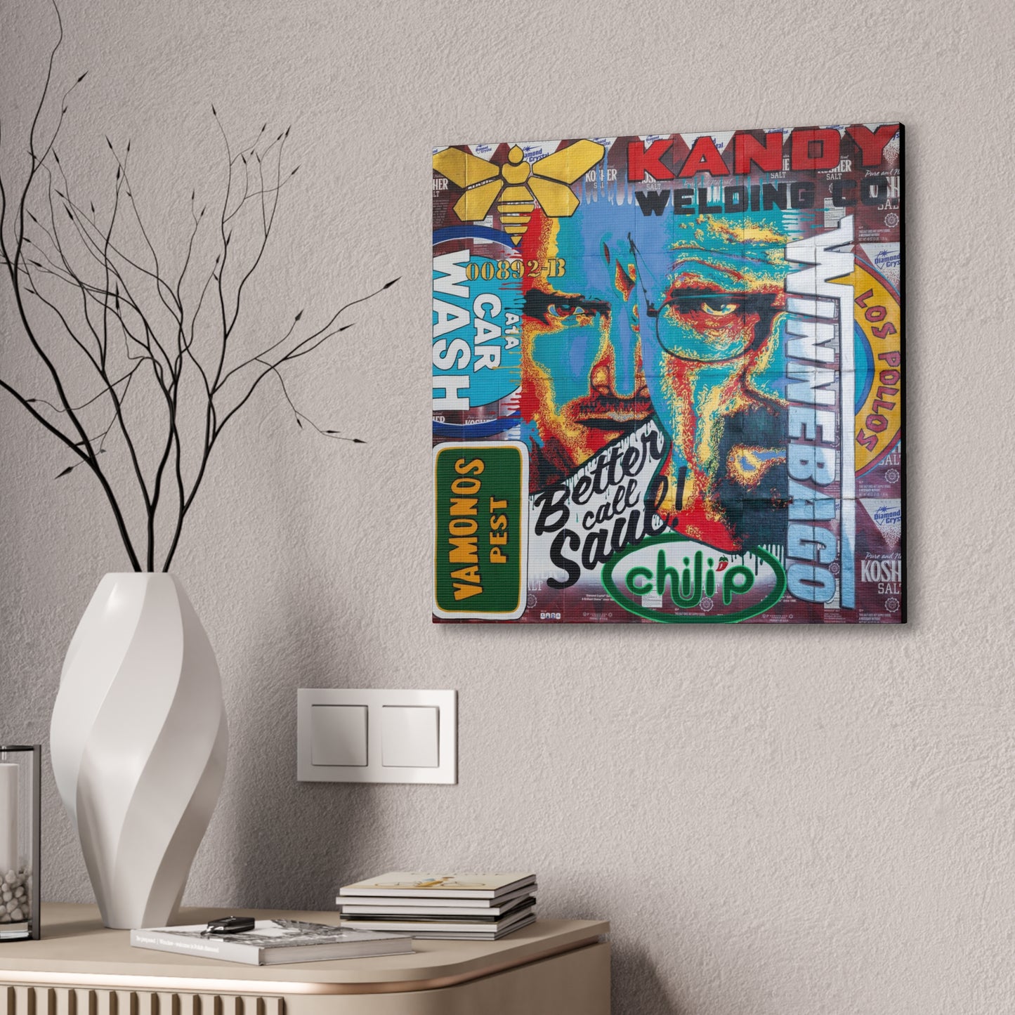 A colorful Breaking Bad canvas gallery wrap hangs on a textured wall.