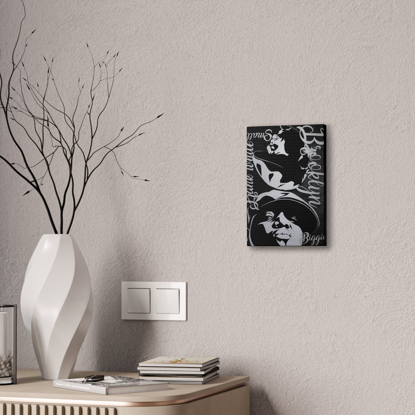 A black canvas gallery wrap featuring Biggie Smalls and the word "Brooklyn."