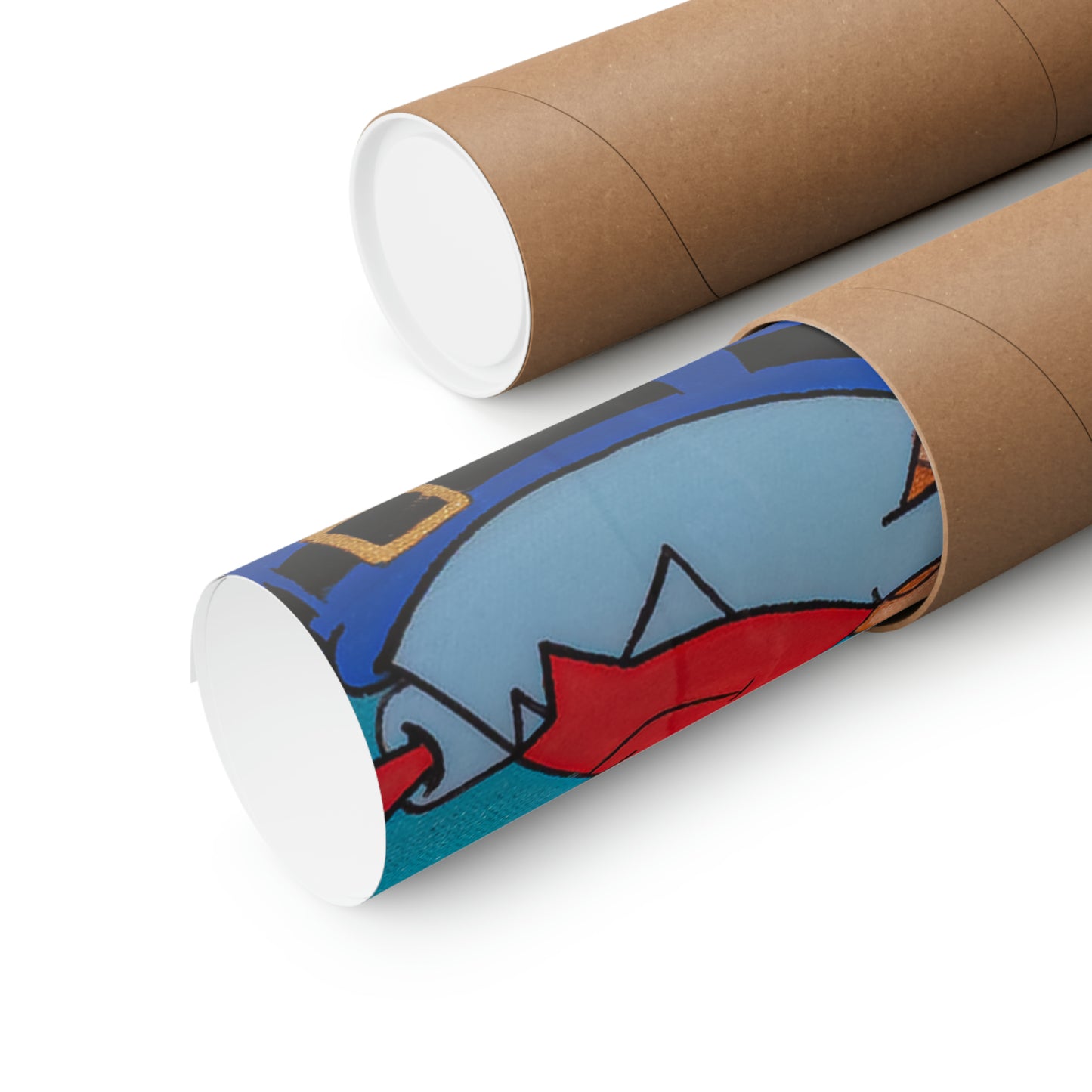Two rolled matte posters, one partially unrolled revealing a colorful cartoon design.