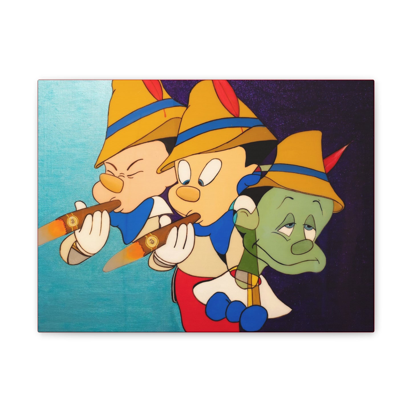 Canvas print depicting three Pinocchio-like figures, two smoking cigars, one looking green.