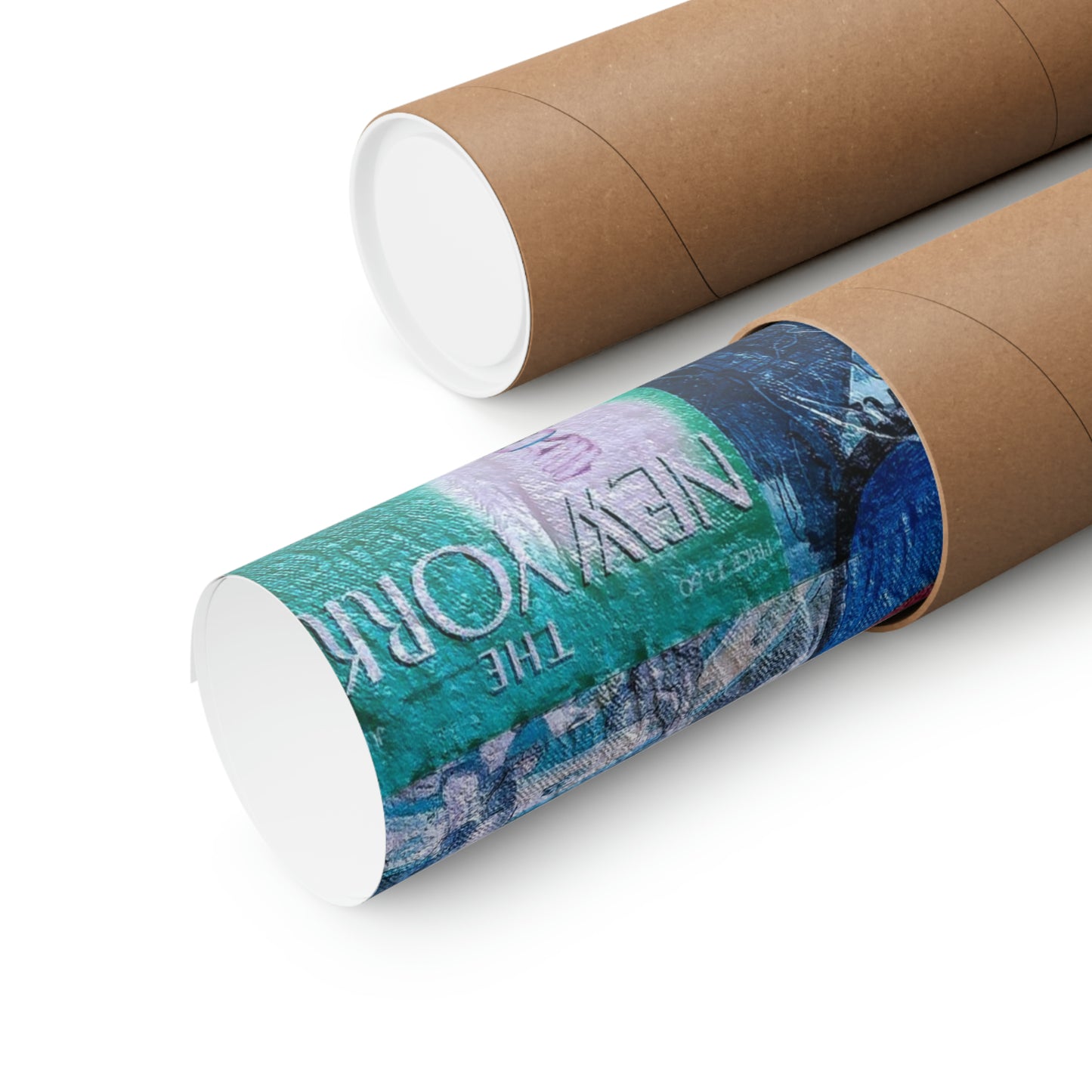 Two rolled matte posters, one partially unrolled revealing a "THE NEW YORK" design.