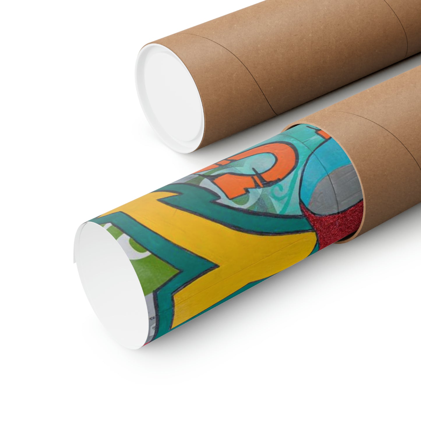 Two rolled matte posters, one partially unrolled revealing colorful abstract art.