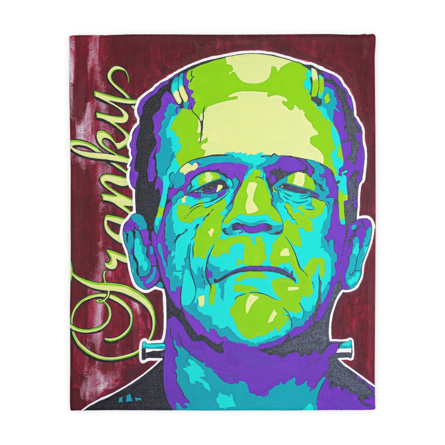A vibrant pop art style painting of Frankenstein's monster on a dark red background.
