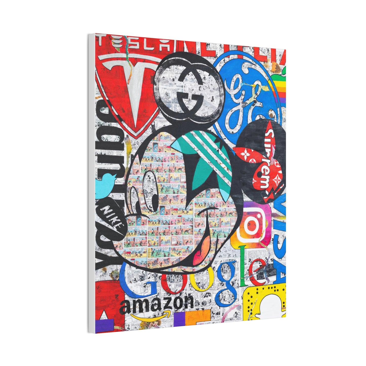 A canvas gallery wrap features a collage of brand logos and a smiling Mickey Mouse.
