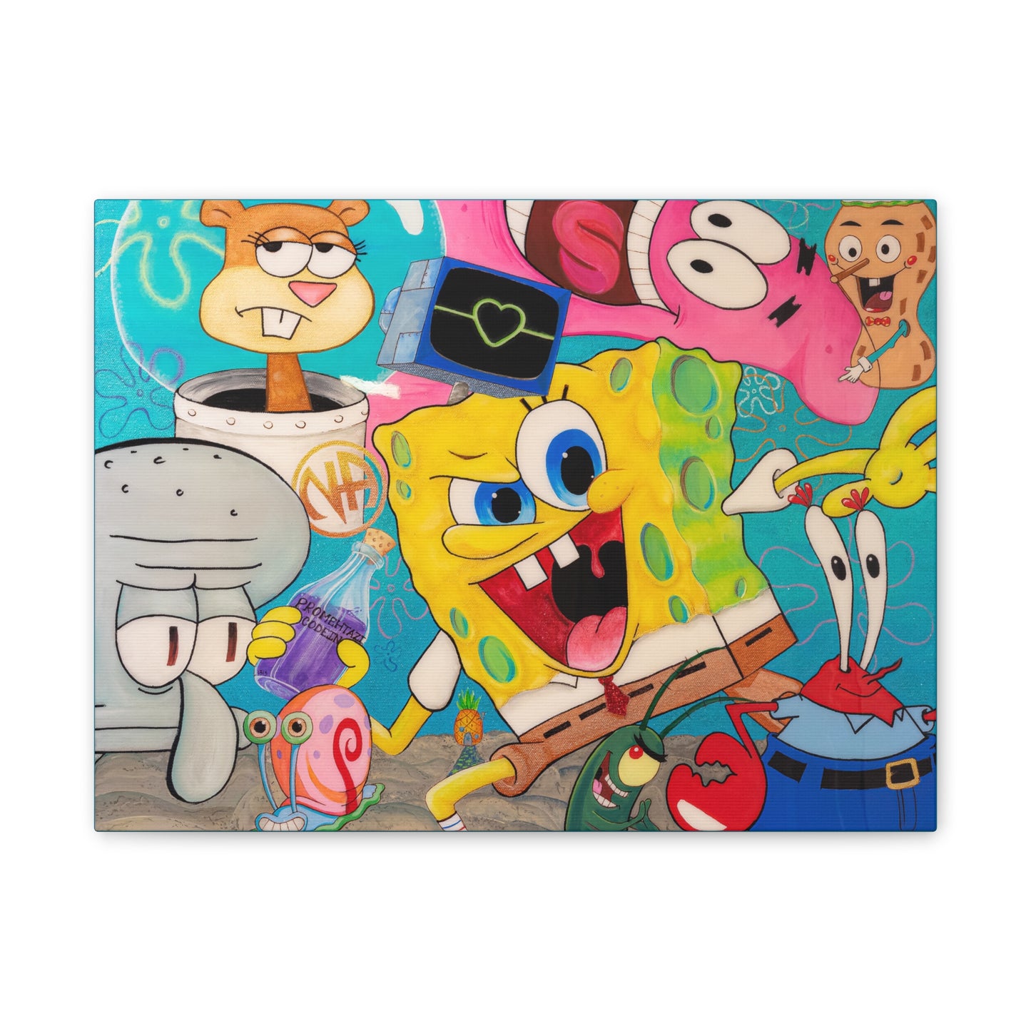 A canvas print features Spongebob characters in a vibrant, detailed style.