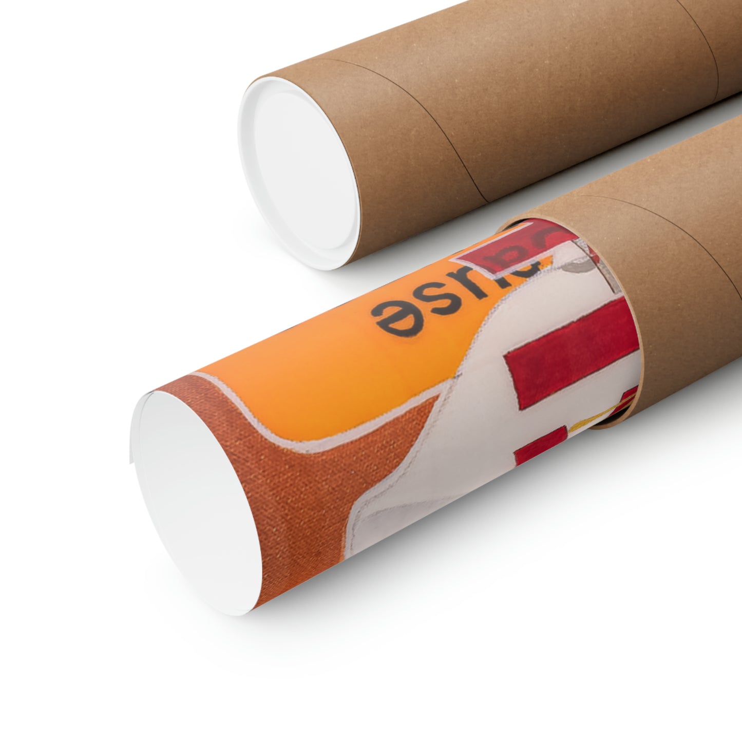 Two brown cardboard tubes, one open to reveal a rolled-up poster with orange and red colors.