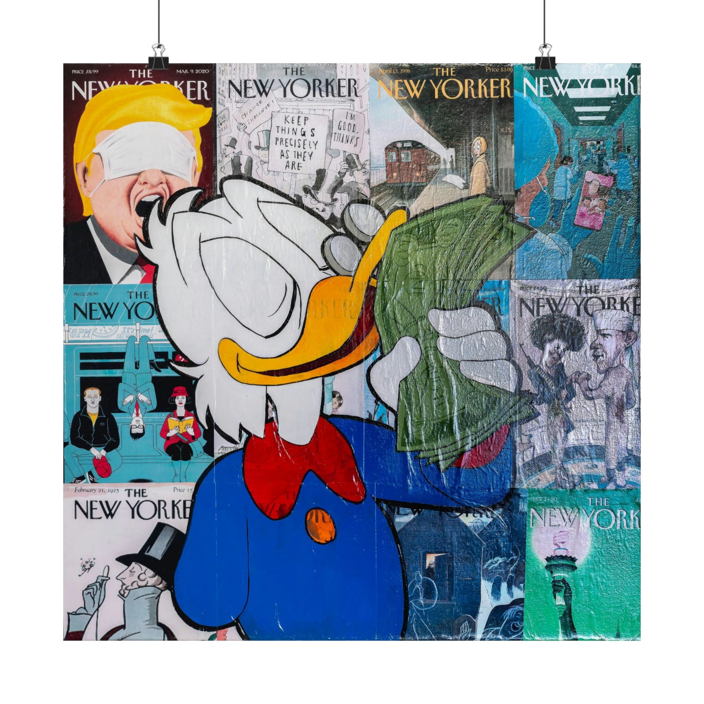 A collage of New Yorker covers featuring a large Scrooge McDuck holding money.