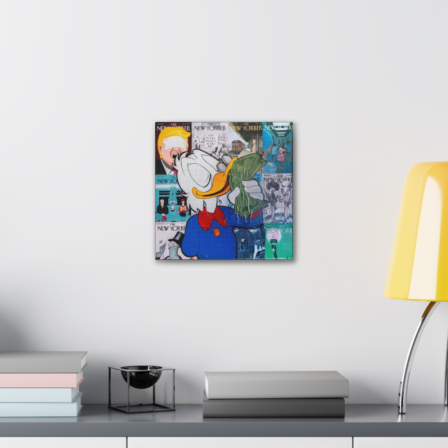 A canvas gallery wrap featuring a collage of New Yorker covers, including Scrooge McDuck.
