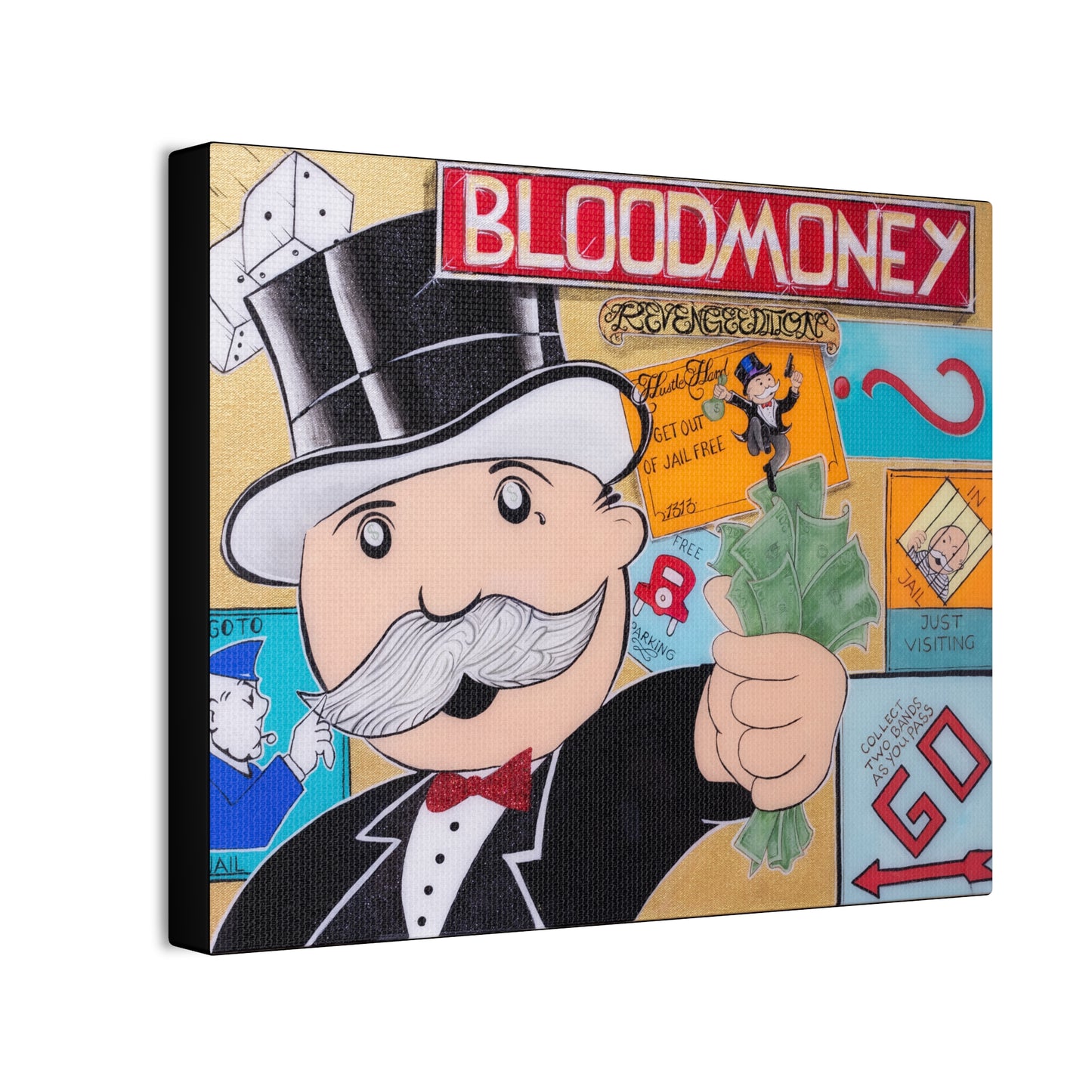 A canvas print features a Monopoly-inspired design with "BLOODMONEY" at the top.