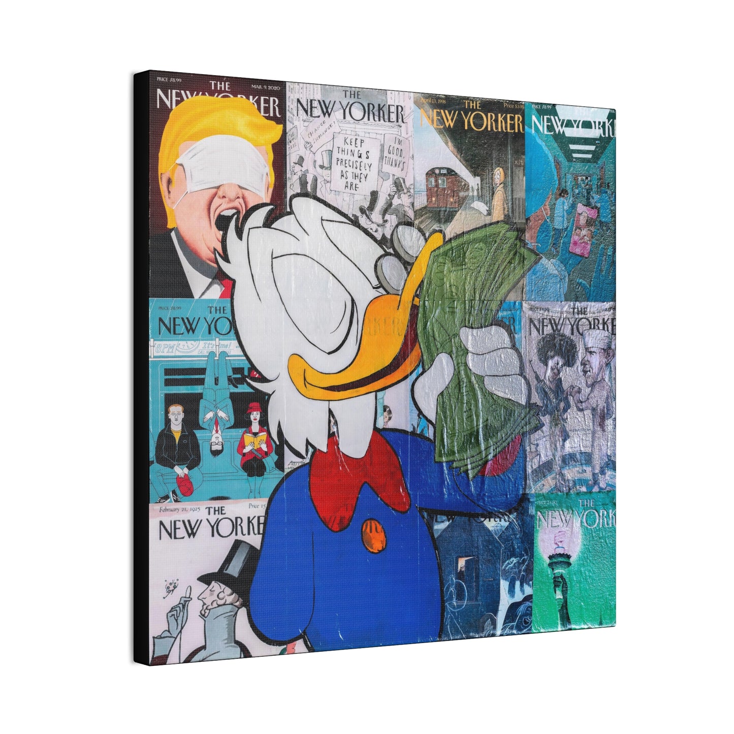 A canvas gallery wrap features a collage of New Yorker covers with Scrooge McDuck holding money.