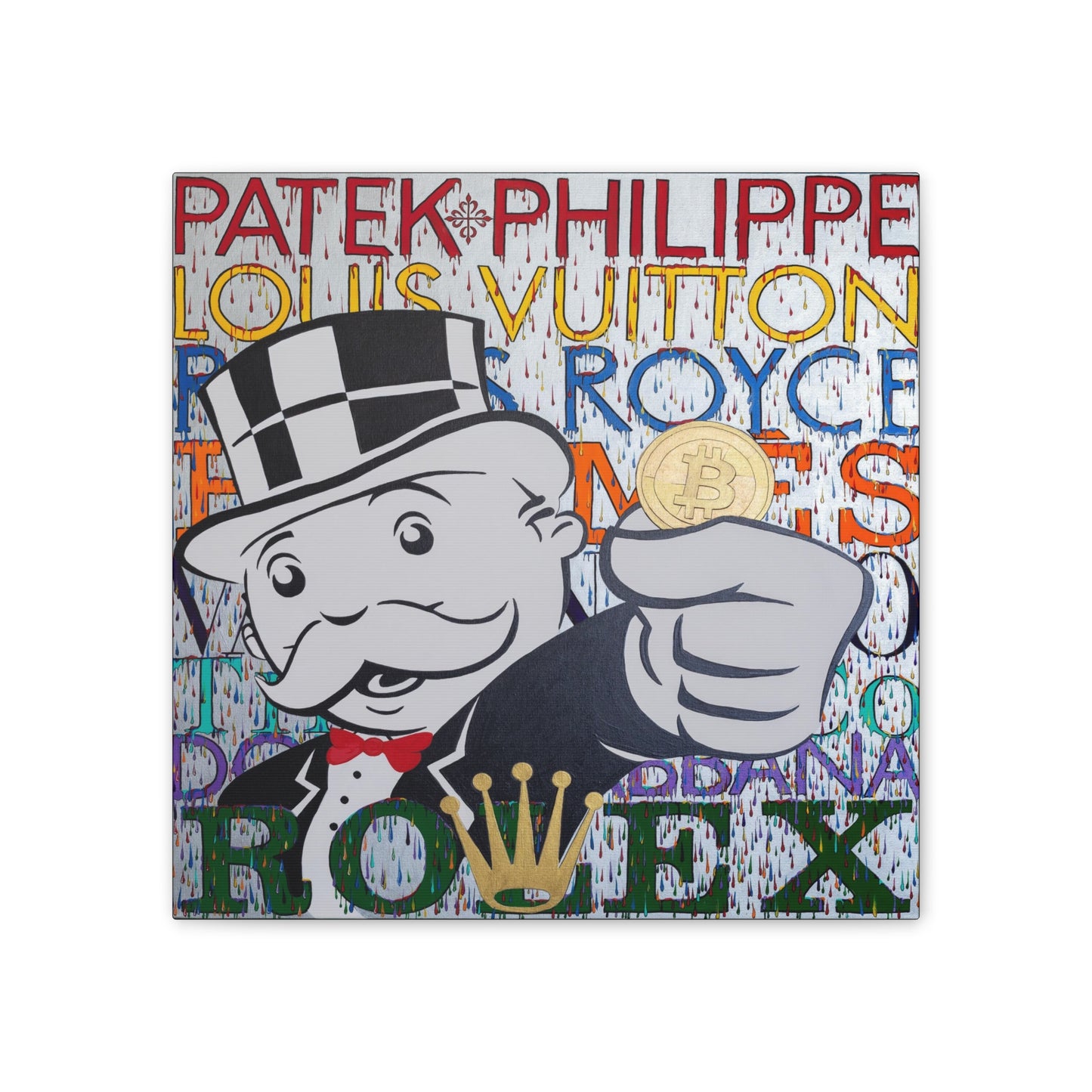 A canvas print features a Monopoly man holding a Bitcoin, surrounded by luxury brand names.