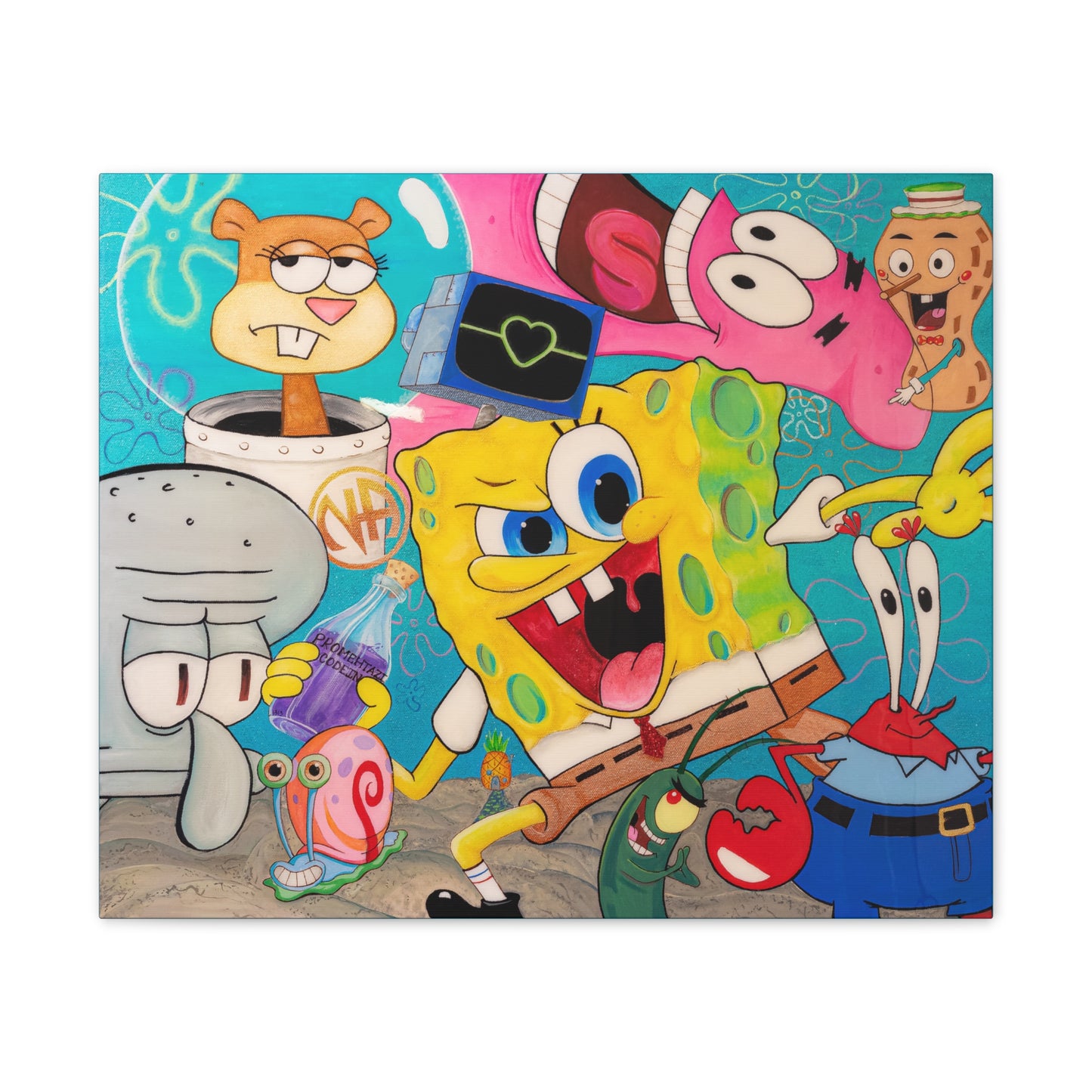 A colorful canvas print features Spongebob characters in a vibrant, surreal scene.