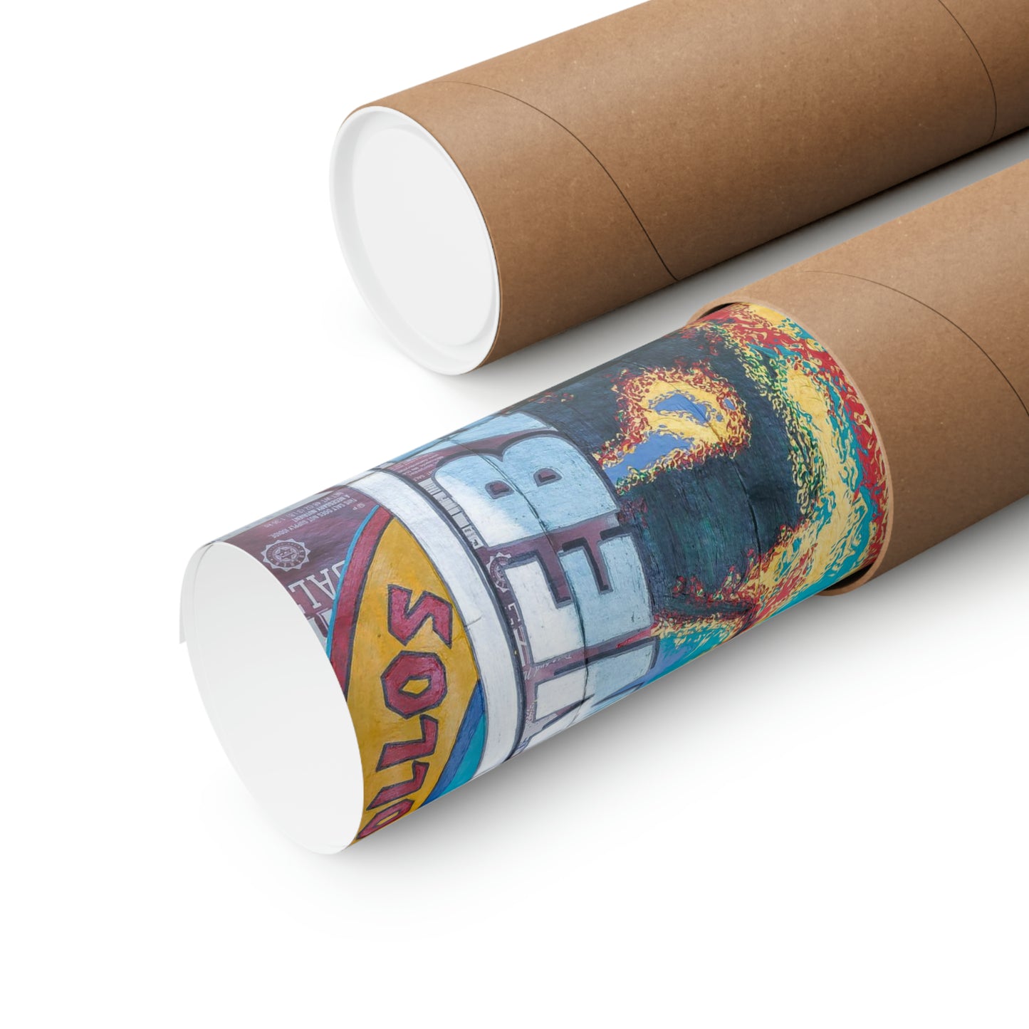 Two brown poster tubes, one with a colorful "Breaking Bad" poster partially rolled out.